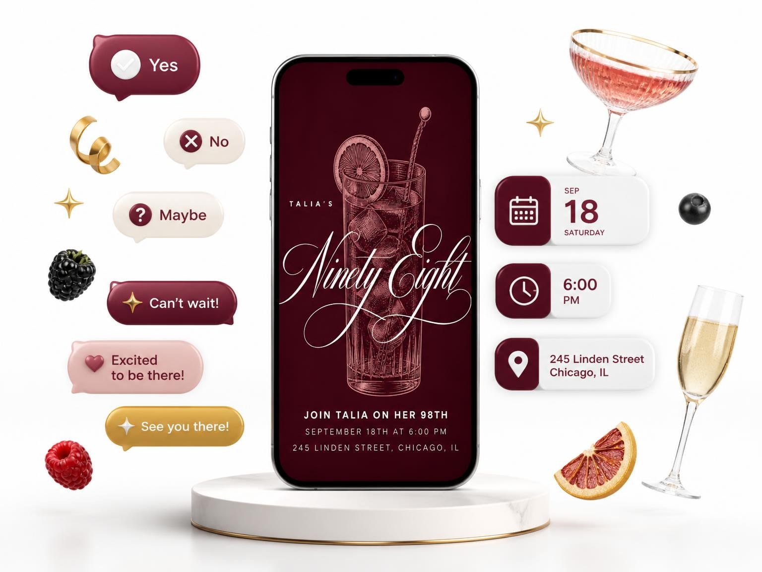 The Burgundy Cocktail 98th Birthday Invitation invitation on a phone, with guest RSVPs arriving around it