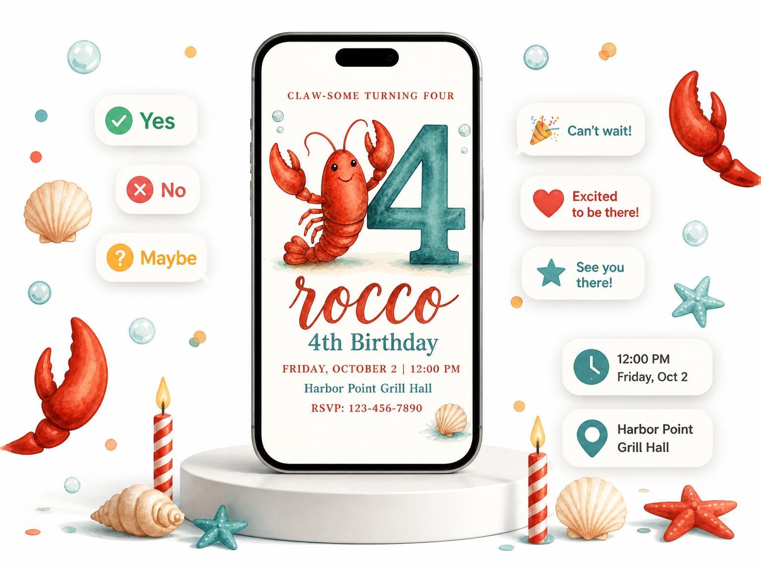 The Watercolor Lobster Nautical 4th Birthday invitation on a phone, with guest RSVPs arriving around it