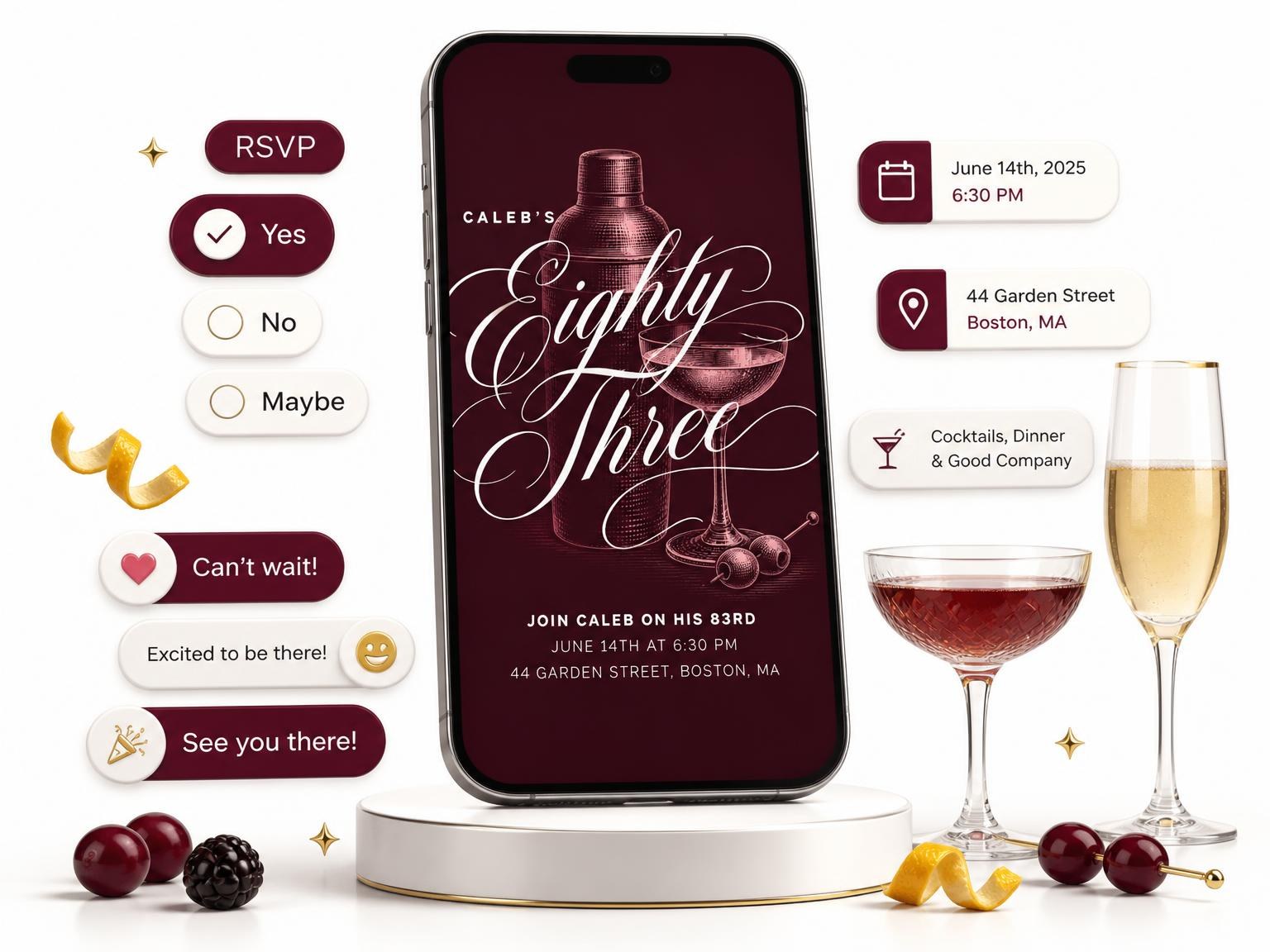 The Burgundy Cocktail 83rd Birthday Invitation invitation on a phone, with guest RSVPs arriving around it