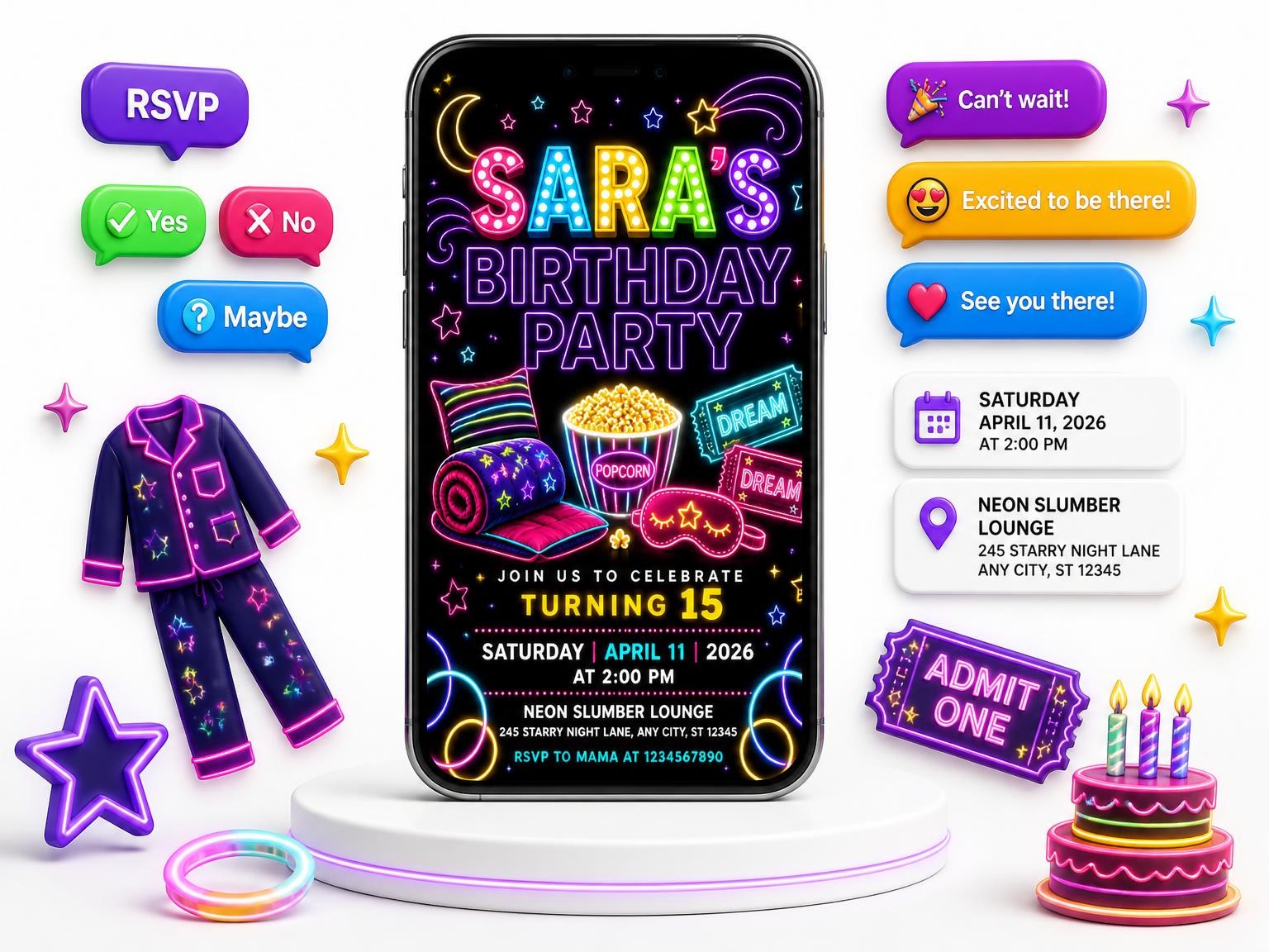 The Neon Pajama 15th Birthday Invitation invitation on a phone, with guest RSVPs arriving around it