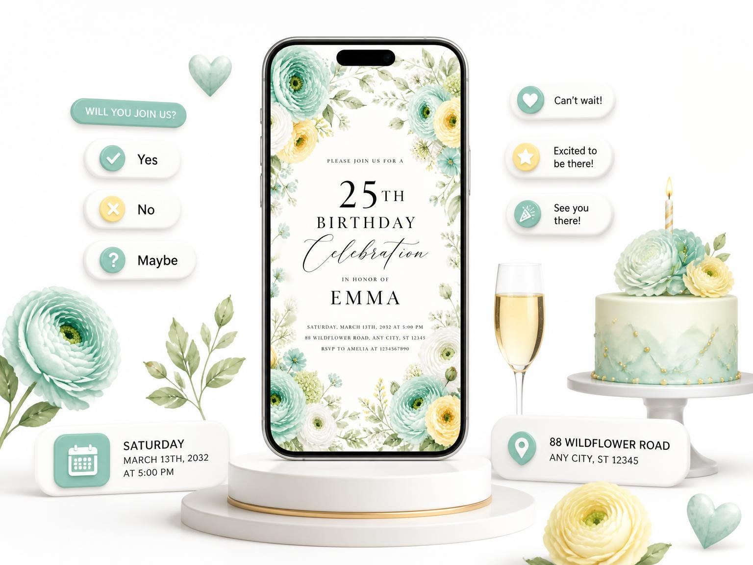 The Ranunculus Flowers Mint 25th Birthday Invitation invitation on a phone, with guest RSVPs arriving around it