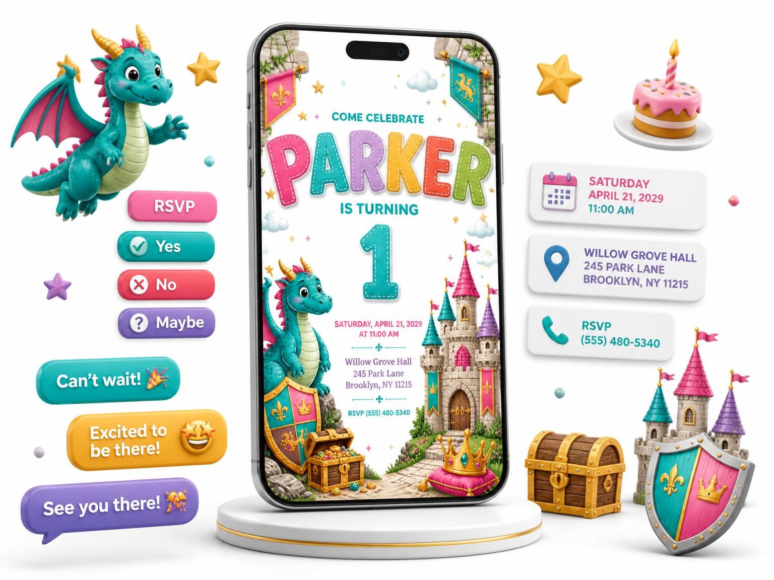 The Stitched Dragon Castle 1st Birthday Invitation invitation on a phone, with guest RSVPs arriving around it