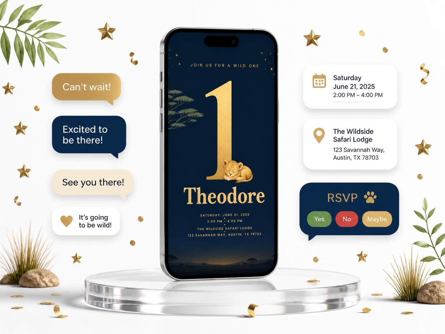 The Navy Gold Lion Safari 1st Birthday invitation on a phone, with guest RSVPs arriving around it
