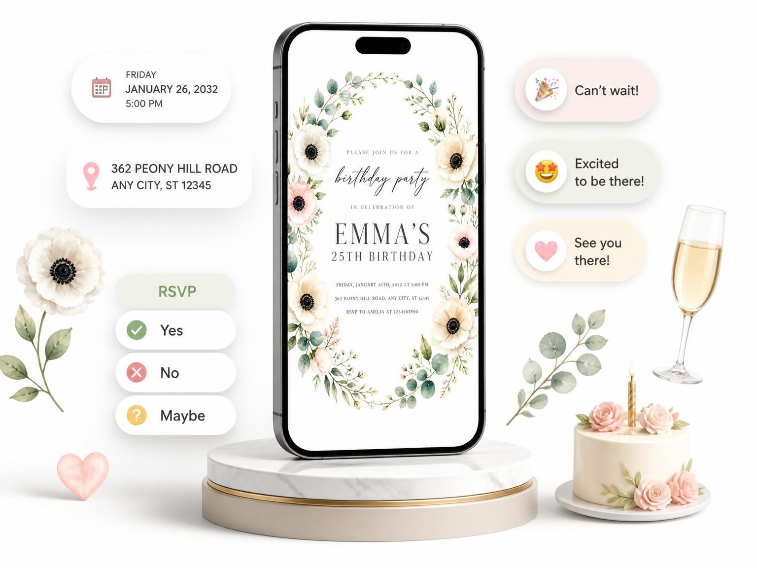 The Eucalyptus Wreath Ivory 25th Birthday Invitation invitation on a phone, with guest RSVPs arriving around it