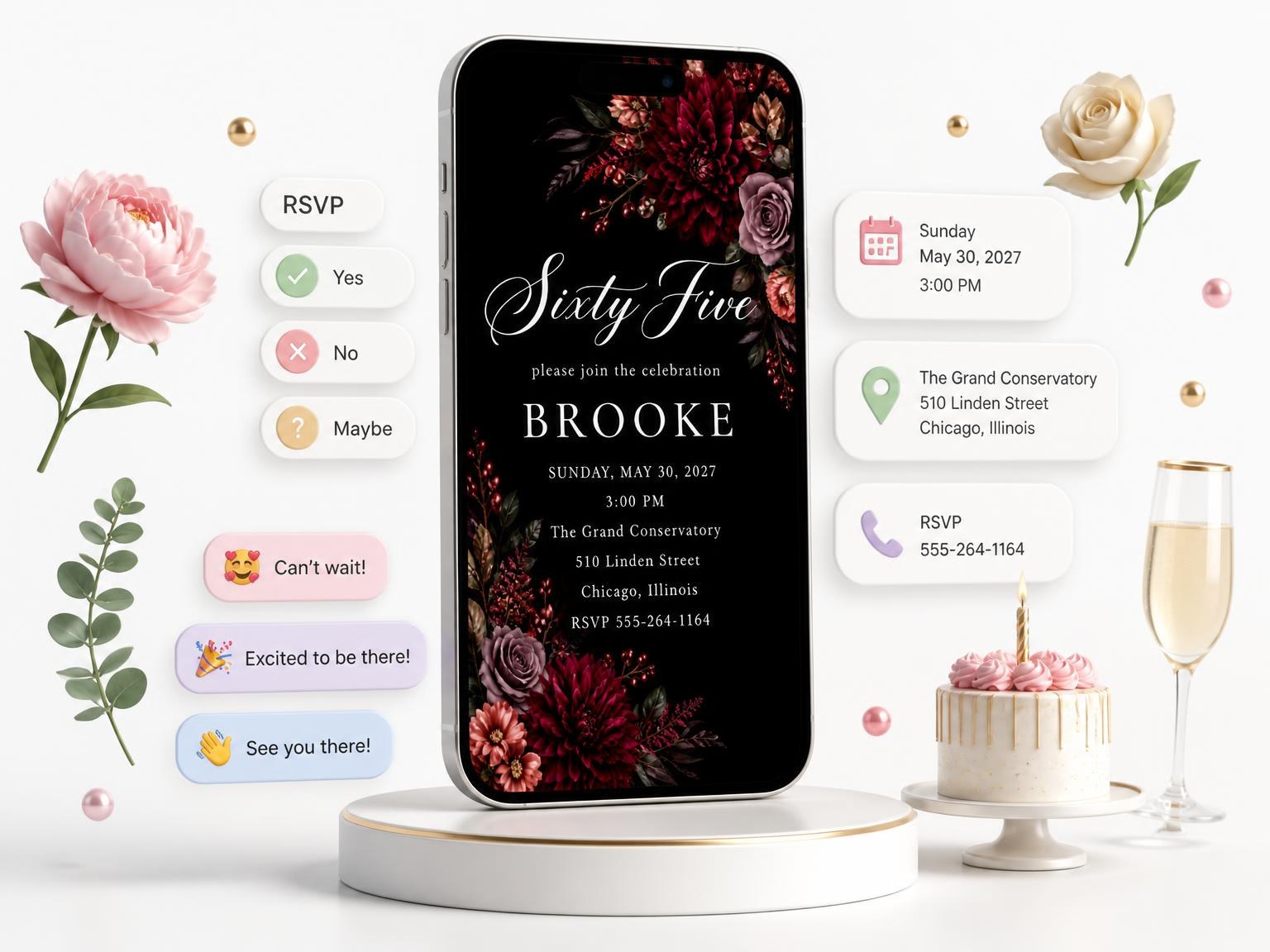 The Black Floral 65th Birthday Invitation invitation on a phone, with guest RSVPs arriving around it