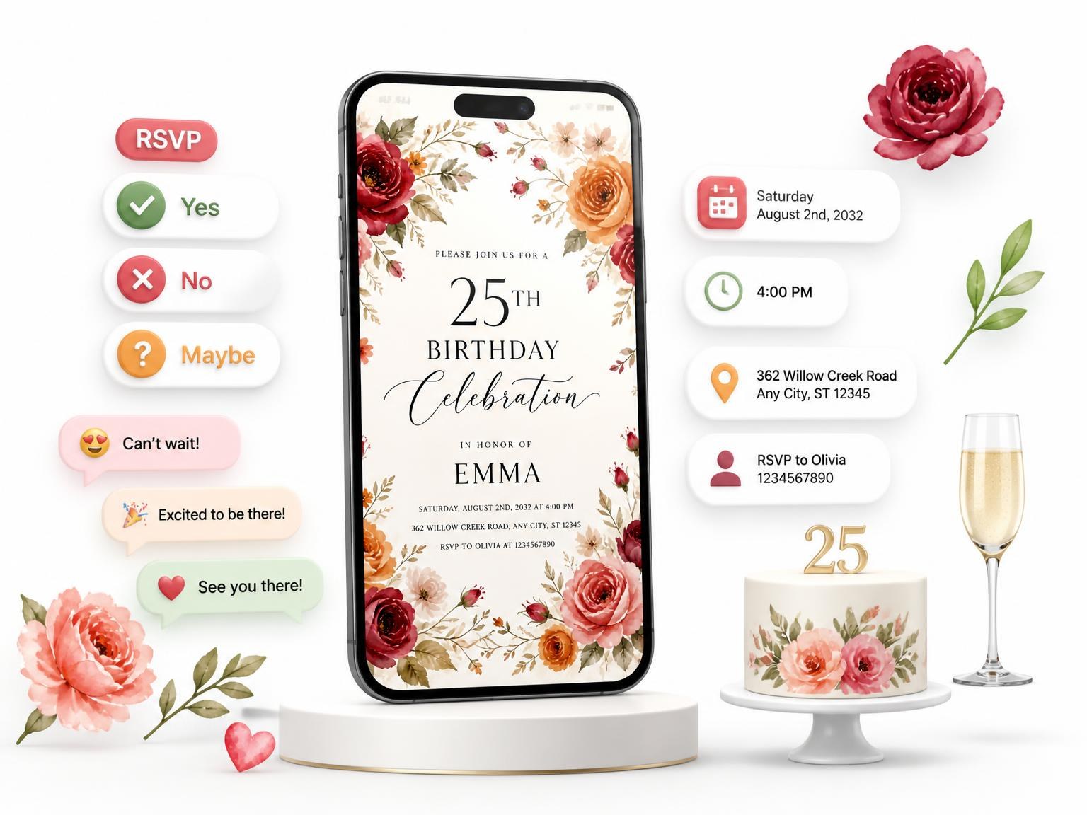 The Botanical Garden Autumn 25th Birthday Invitation invitation on a phone, with guest RSVPs arriving around it