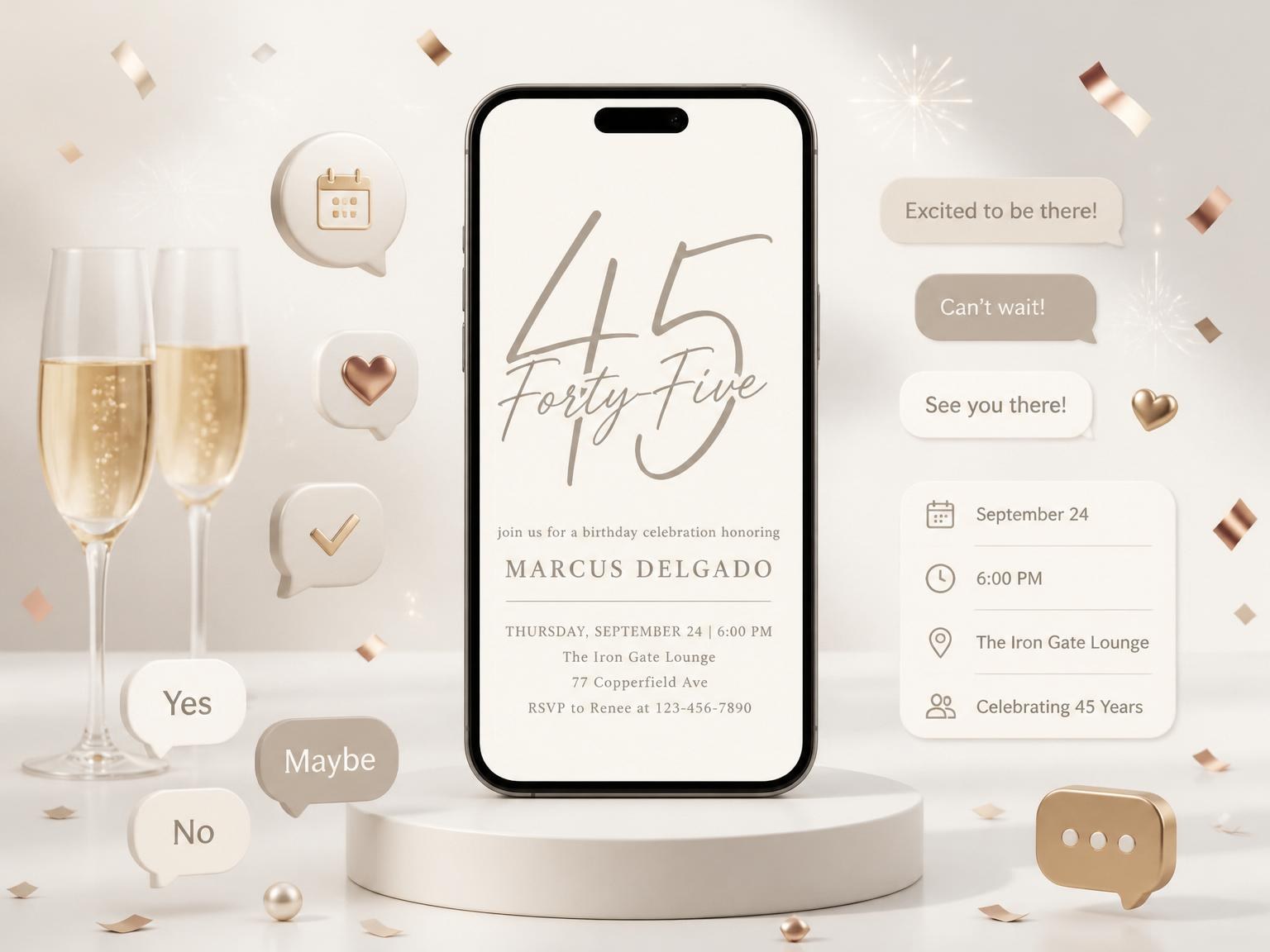 The Minimalist Champagne 45th Birthday Invitation invitation on a phone, with guest RSVPs arriving around it