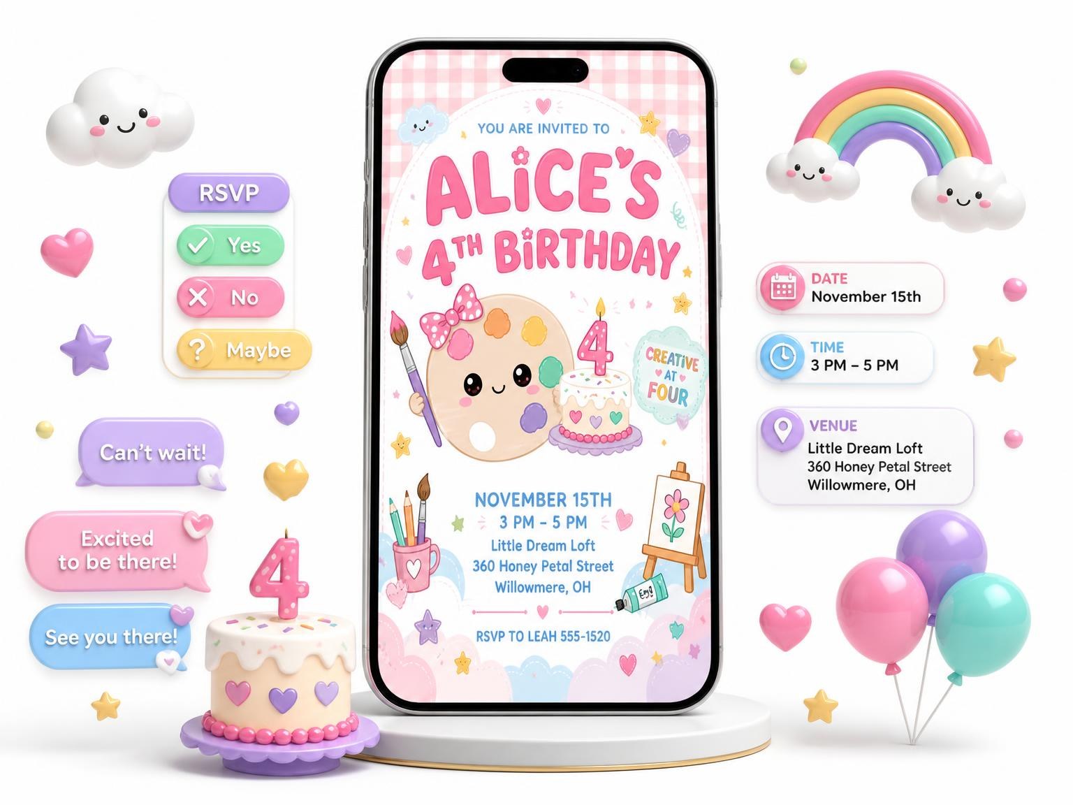 The Paint Palette Kawaii 4th Birthday Invitation invitation on a phone, with guest RSVPs arriving around it