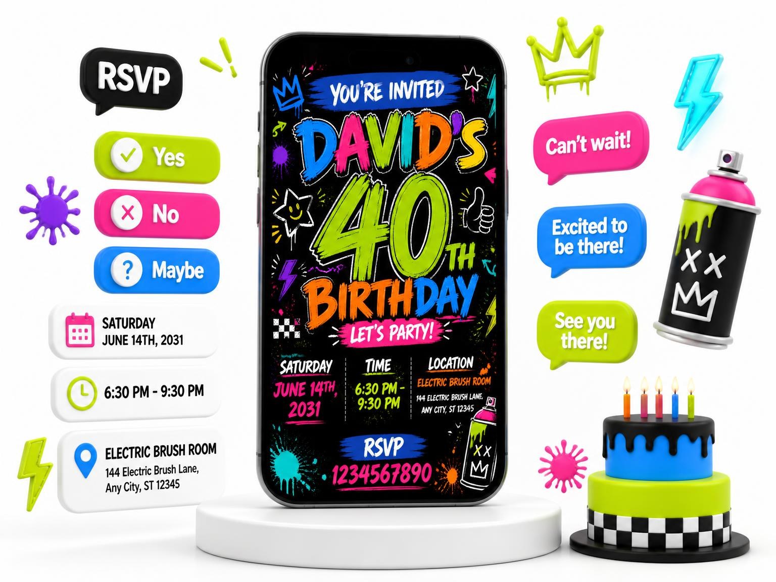 The Graffiti Street Art 40th Birthday Invitation invitation on a phone, with guest RSVPs arriving around it