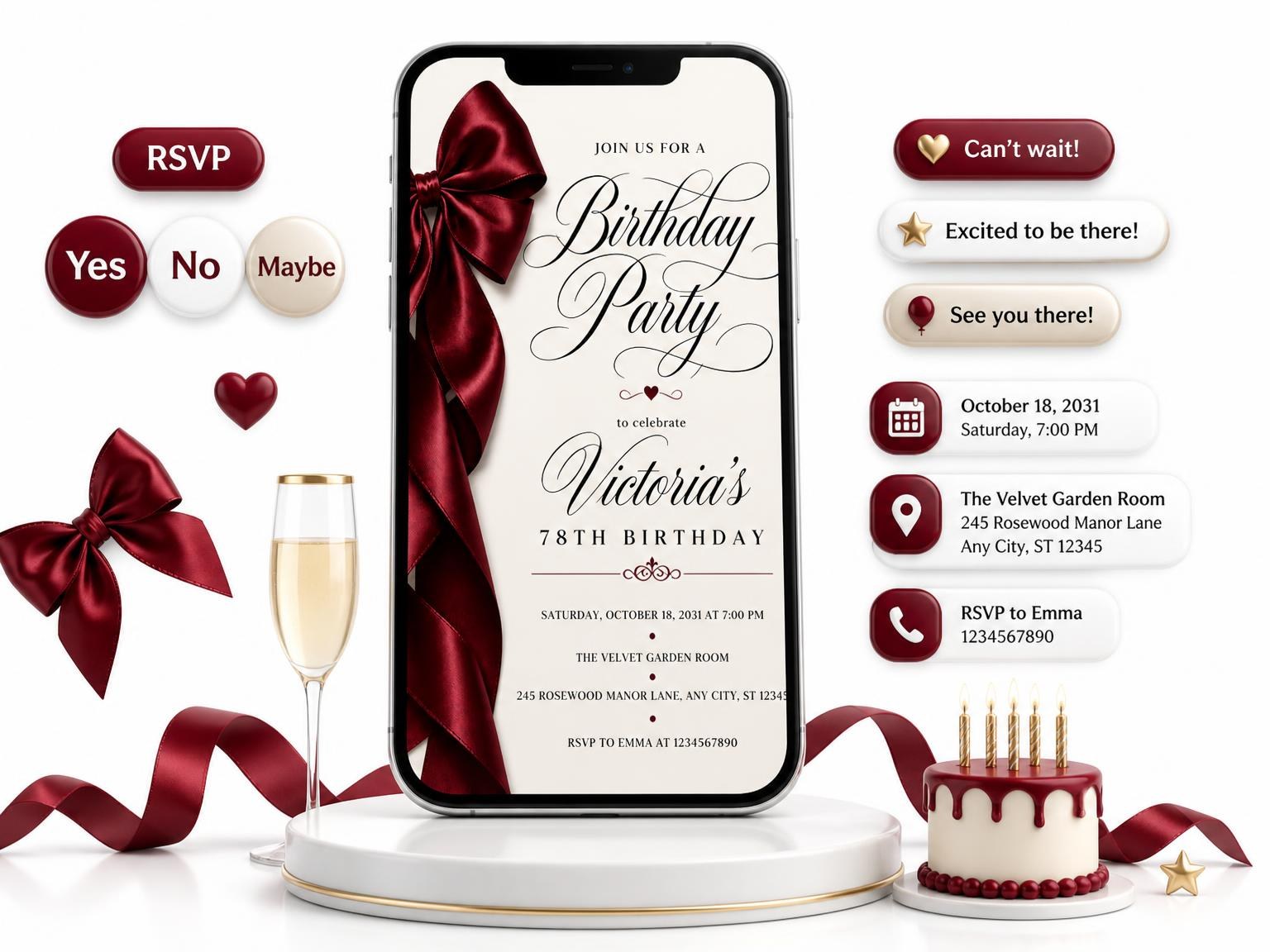 The Burgundy Satin Bow 78th Birthday Invitation invitation on a phone, with guest RSVPs arriving around it