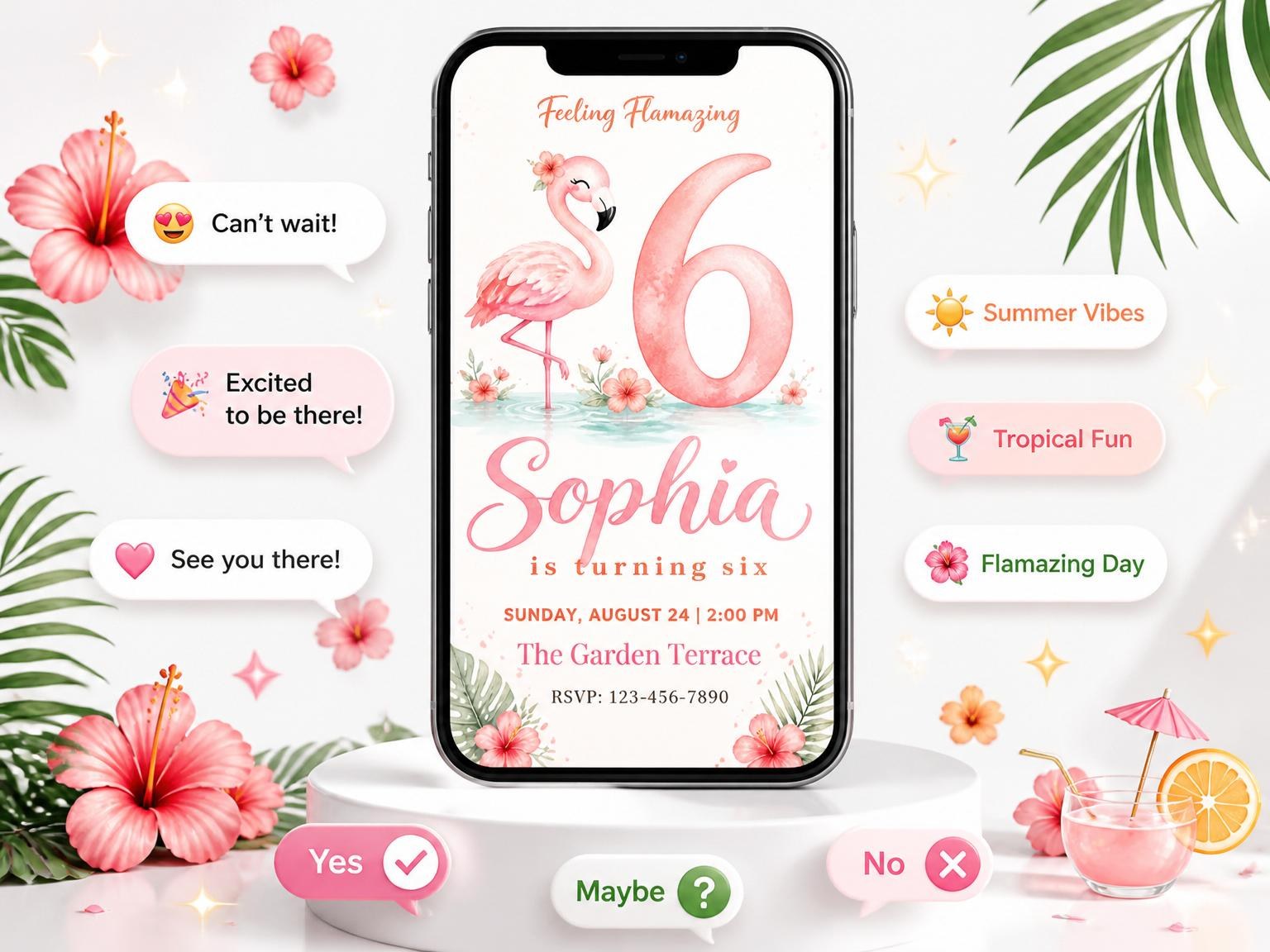 The Watercolor Flamingo Tropical 6th Birthday invitation on a phone, with guest RSVPs arriving around it