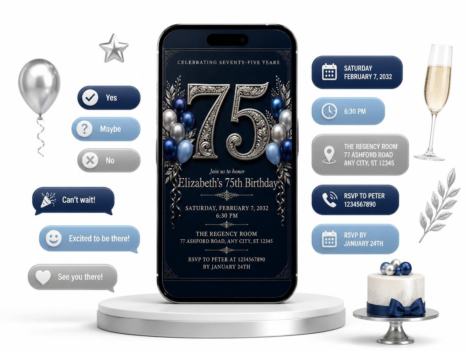 The Navy and Silver 75th Birthday Invitation invitation on a phone, with guest RSVPs arriving around it