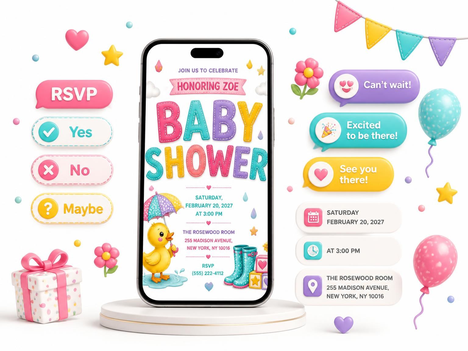 The Duck Baby Shower Invitation invitation on a phone, with guest RSVPs arriving around it