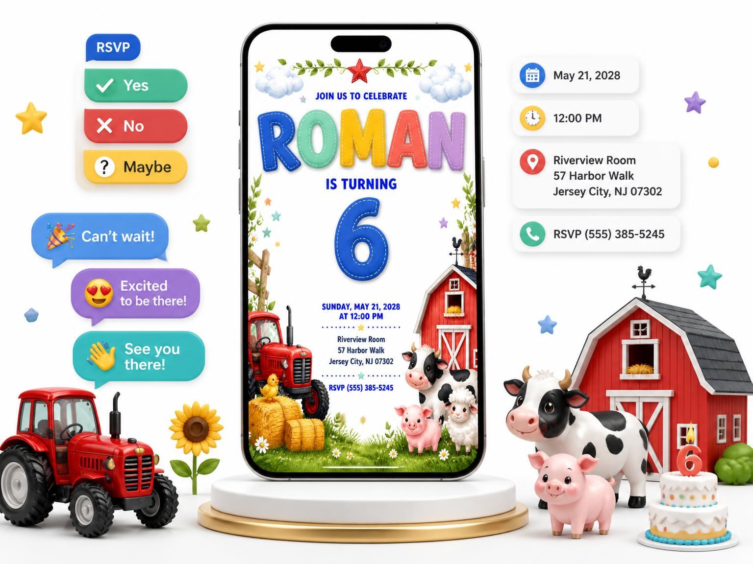 The Stitched Farm 6th Birthday Invitation invitation on a phone, with guest RSVPs arriving around it
