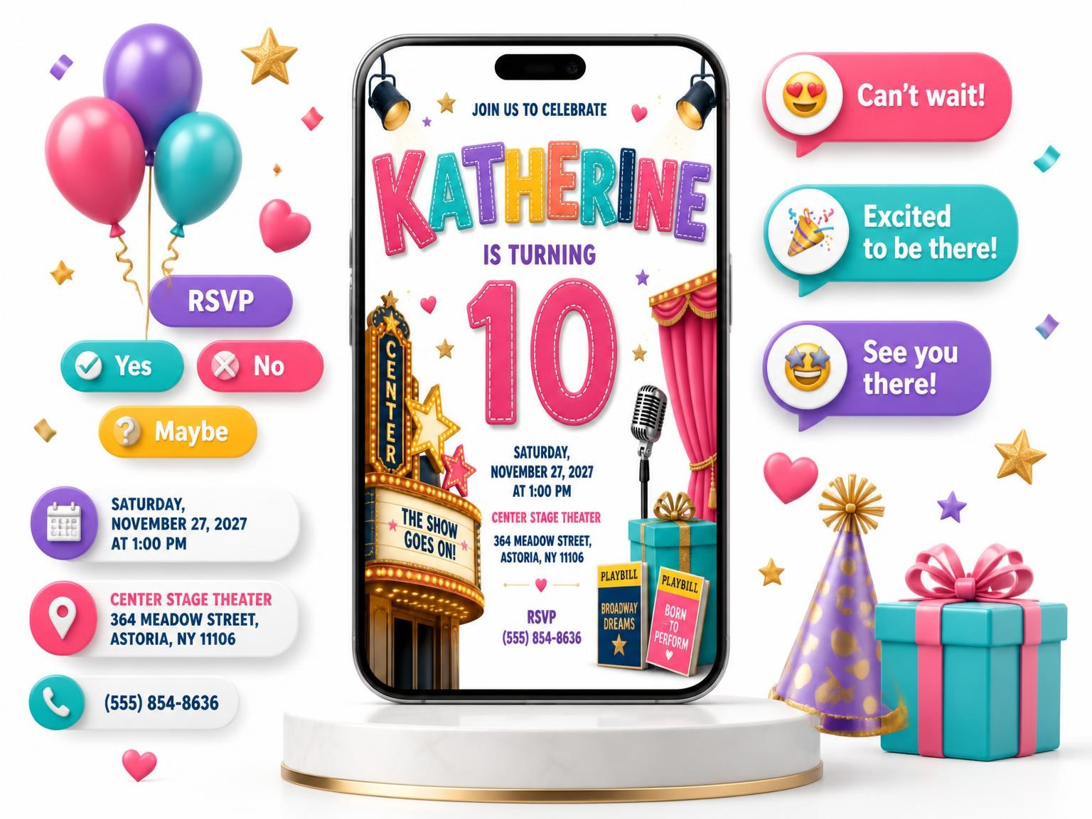 The Marquee Entrance 10th Birthday Invitation invitation on a phone, with guest RSVPs arriving around it
