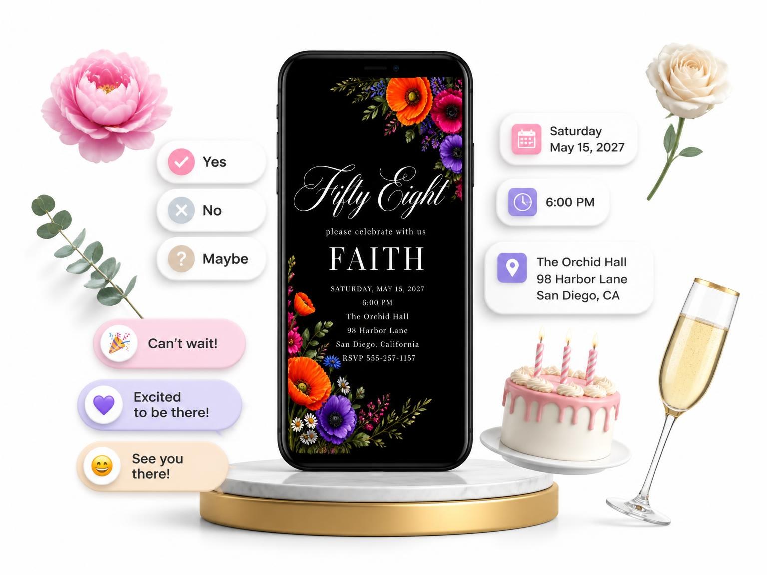 The Black Floral 58th Birthday Invitation invitation on a phone, with guest RSVPs arriving around it