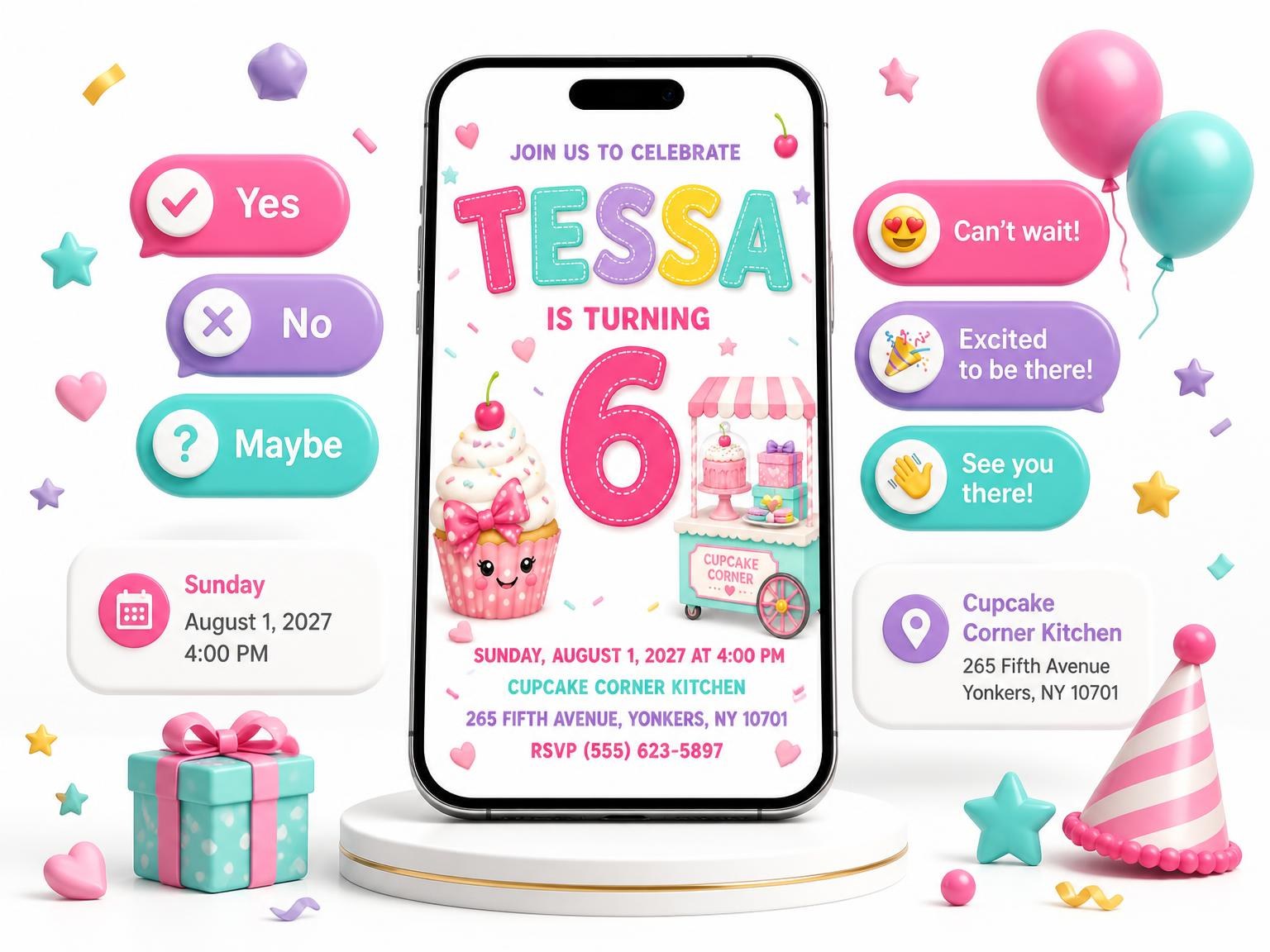 The Dessert Stand Stitched 6th Birthday Invitation invitation on a phone, with guest RSVPs arriving around it