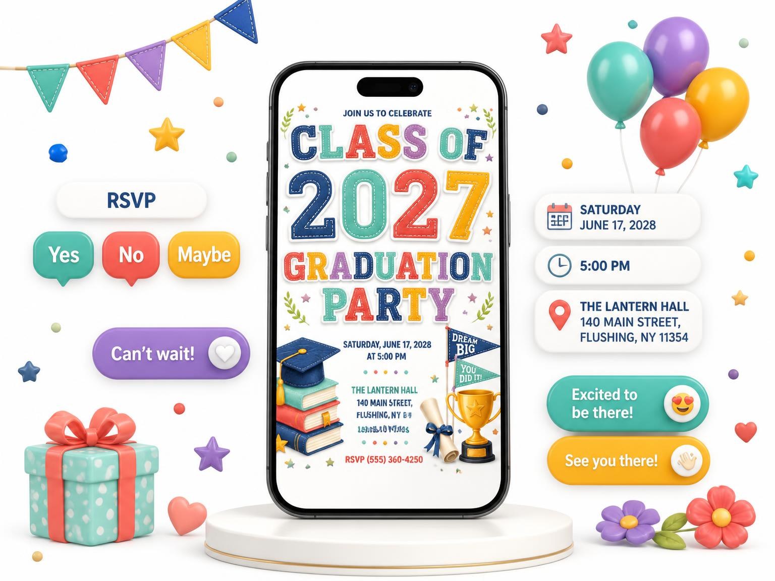 The Golden Trophy Graduation Party Invitation invitation on a phone, with guest RSVPs arriving around it