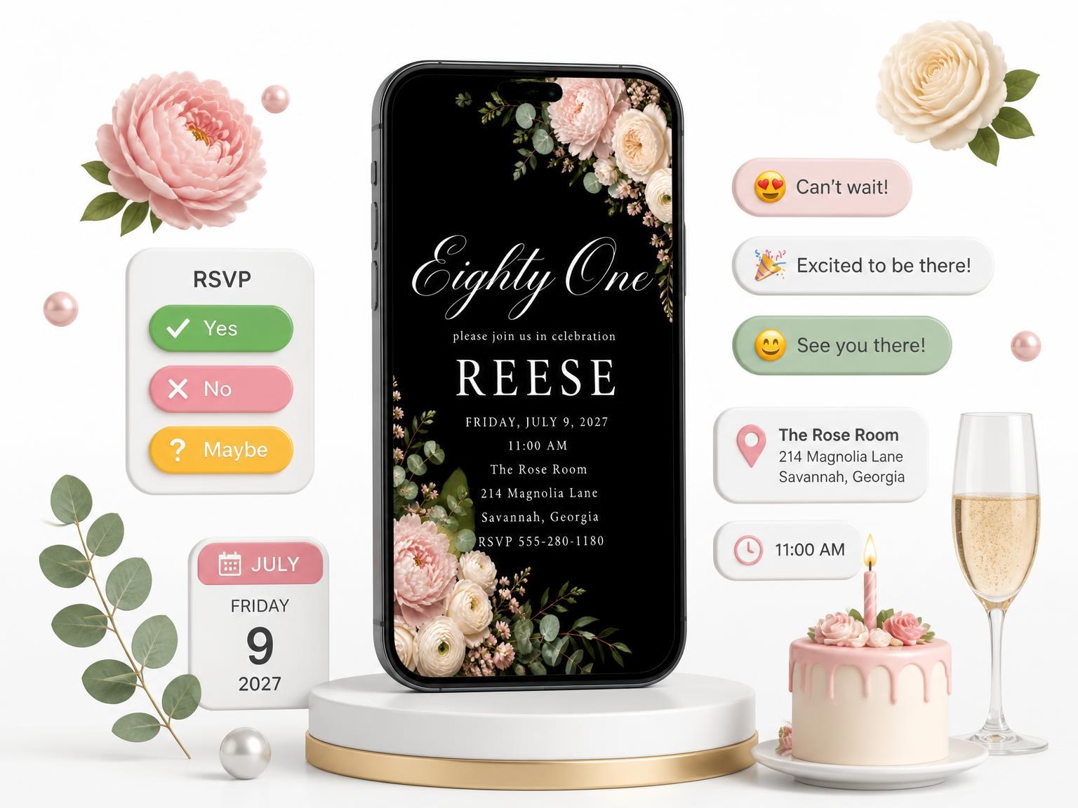 The Black Floral 81st Birthday Invitation invitation on a phone, with guest RSVPs arriving around it