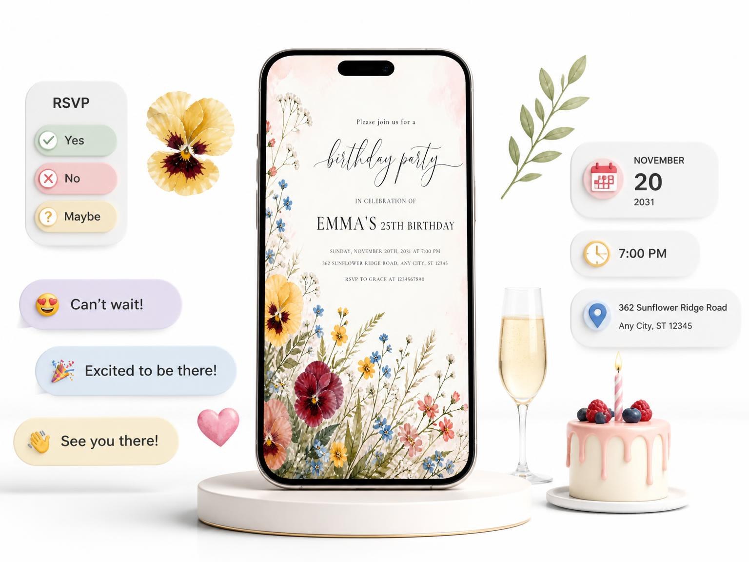 The Wildflower Meadow Golden 25th Birthday Invitation invitation on a phone, with guest RSVPs arriving around it