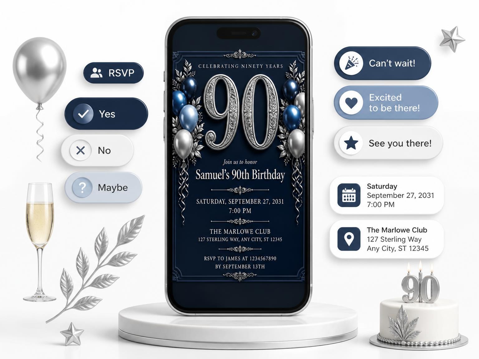 The Navy and Silver 90th Birthday Invitation invitation on a phone, with guest RSVPs arriving around it