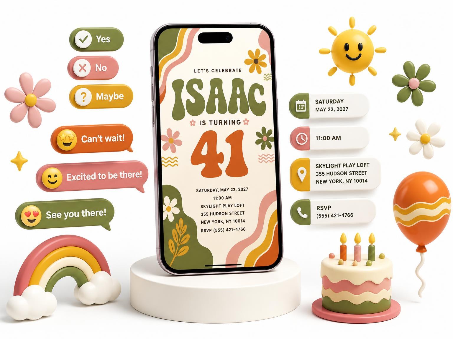 The Groovy Retro 41st Birthday Invitation invitation on a phone, with guest RSVPs arriving around it