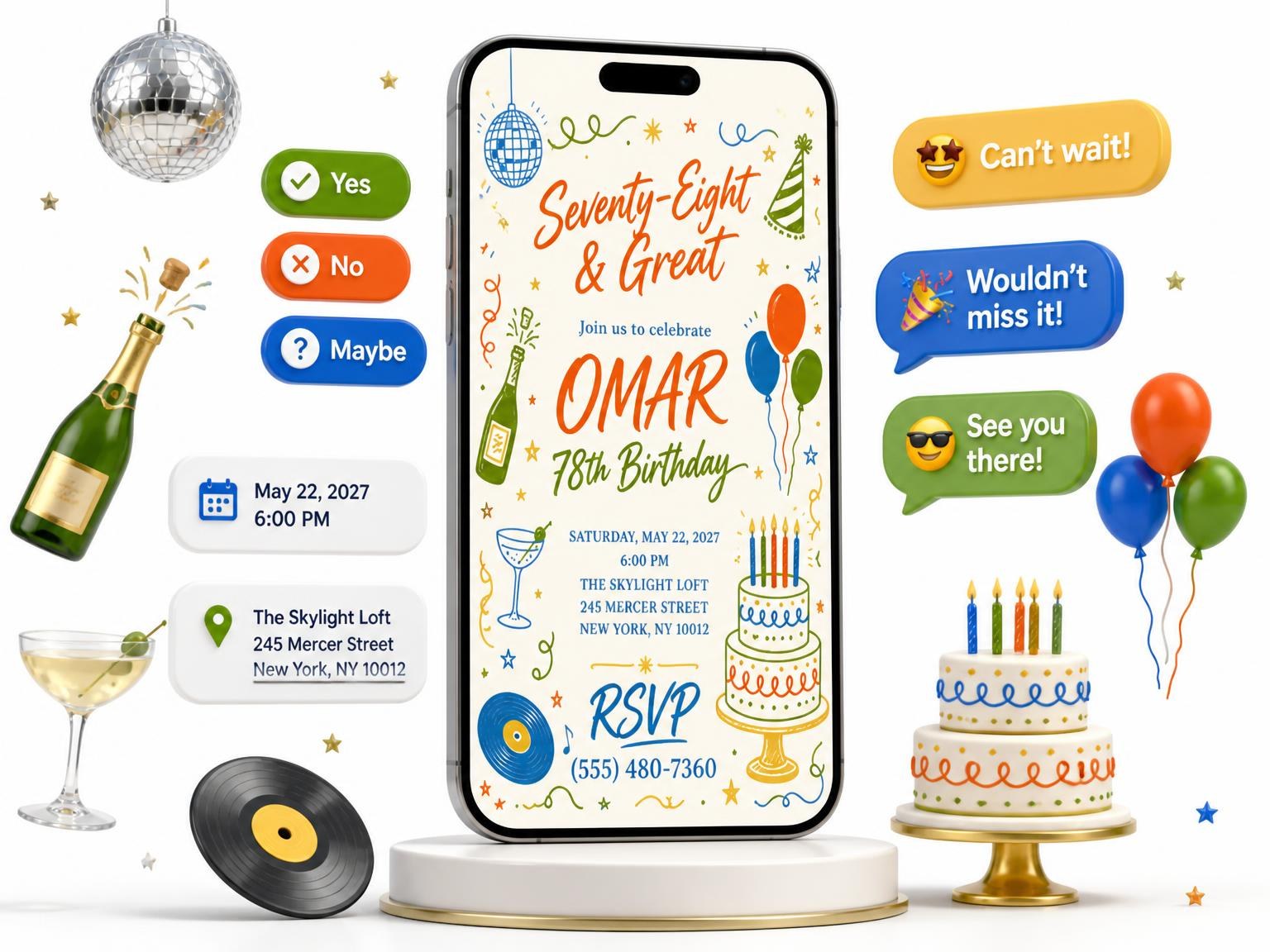 The Retro Doodle 78th Birthday Invitation invitation on a phone, with guest RSVPs arriving around it