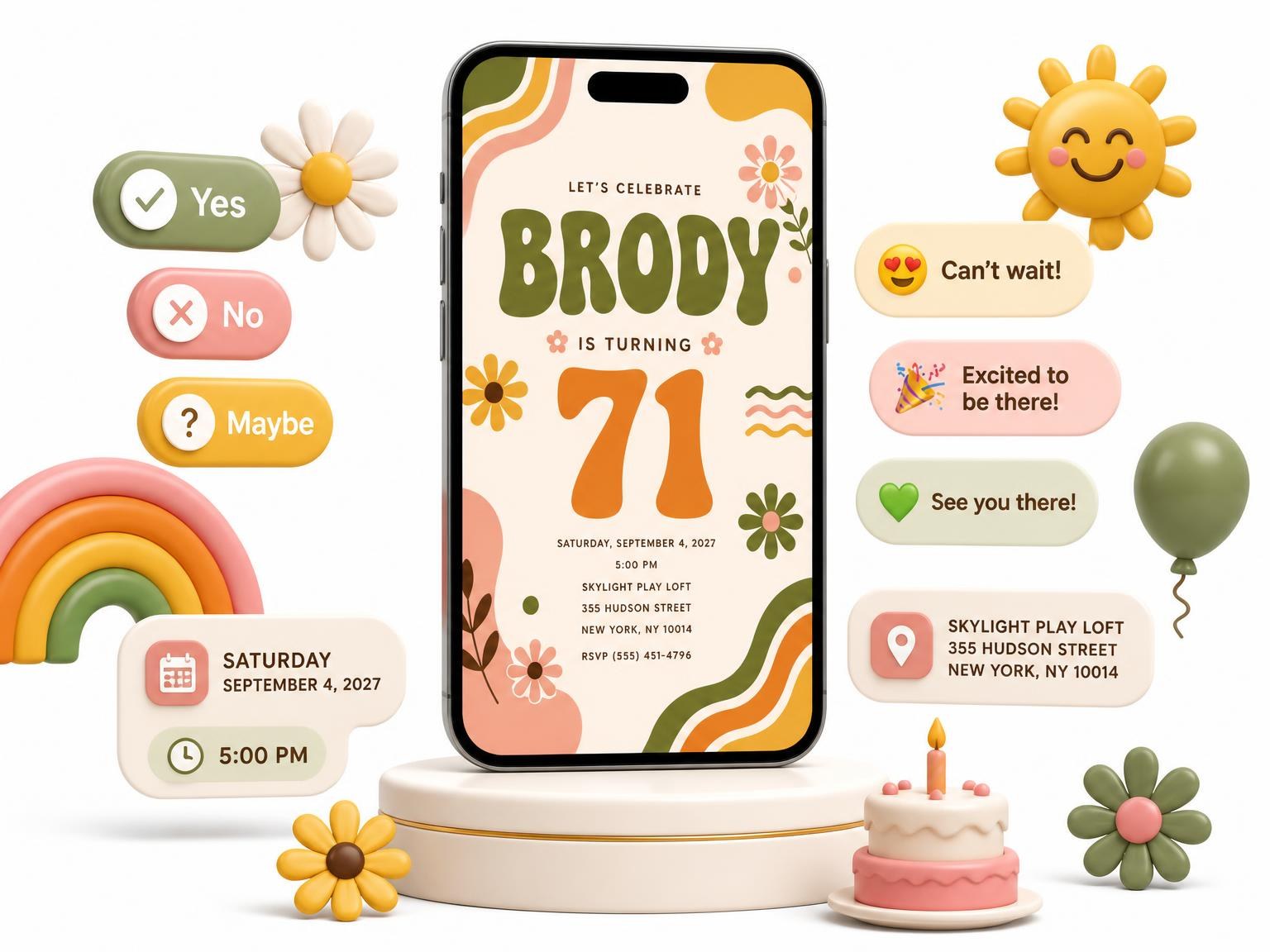 The Groovy Retro 71st Birthday Invitation invitation on a phone, with guest RSVPs arriving around it