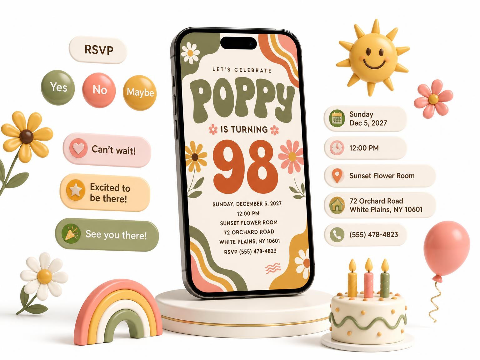 The Groovy Retro 98th Birthday Invitation invitation on a phone, with guest RSVPs arriving around it