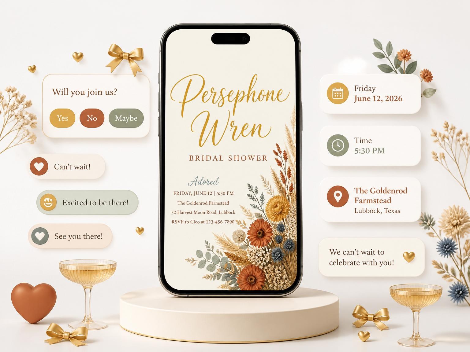 The Dried Floral Pampas Bridal Shower invitation on a phone, with guest RSVPs arriving around it