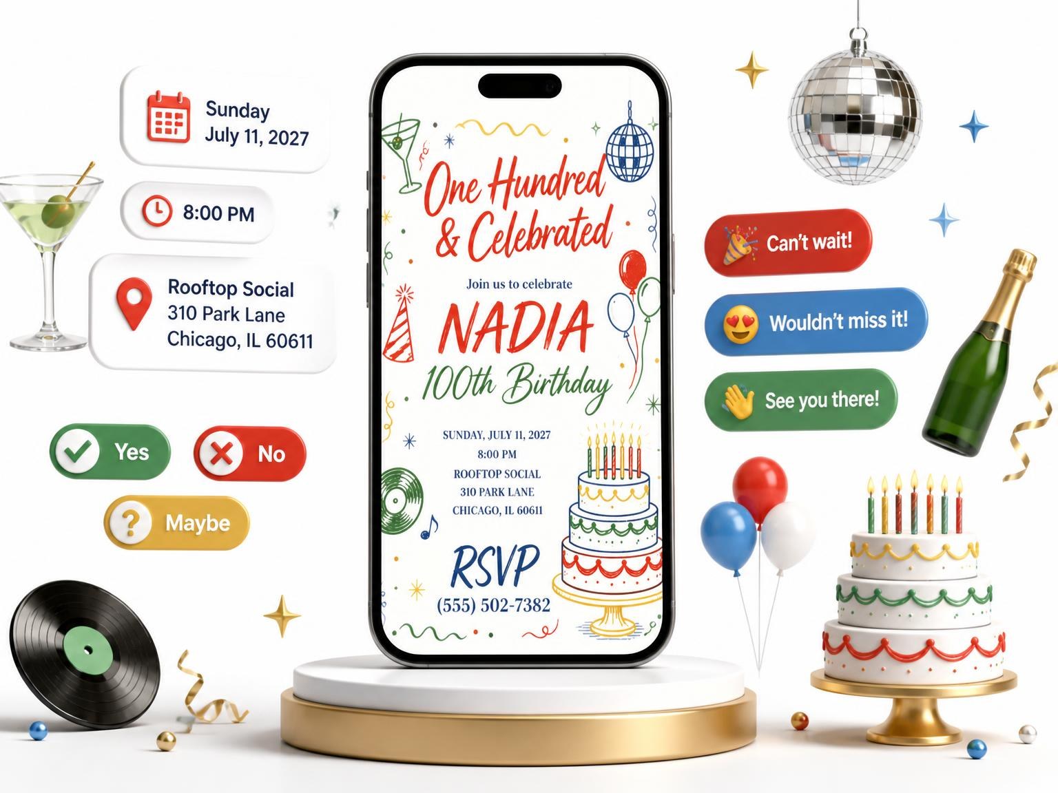 The Retro Doodle 100th Birthday Invitation invitation on a phone, with guest RSVPs arriving around it