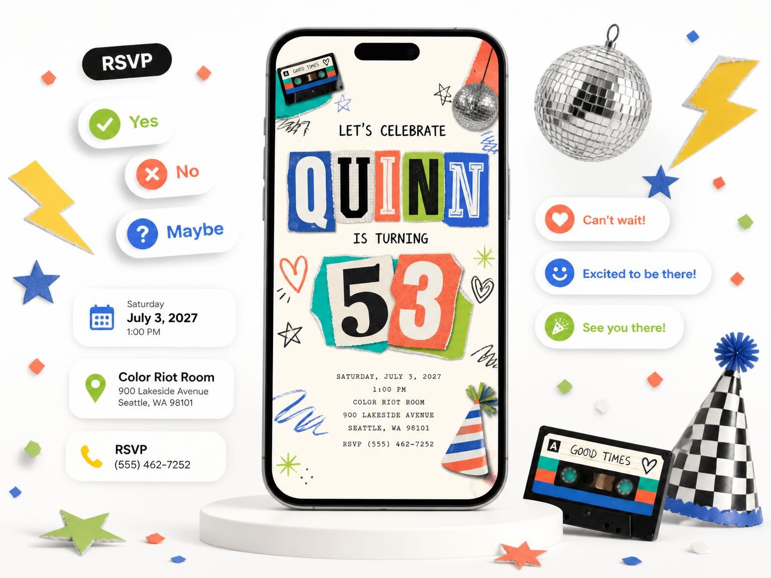 The Retro Paper Collage 53rd Birthday Invitation invitation on a phone, with guest RSVPs arriving around it