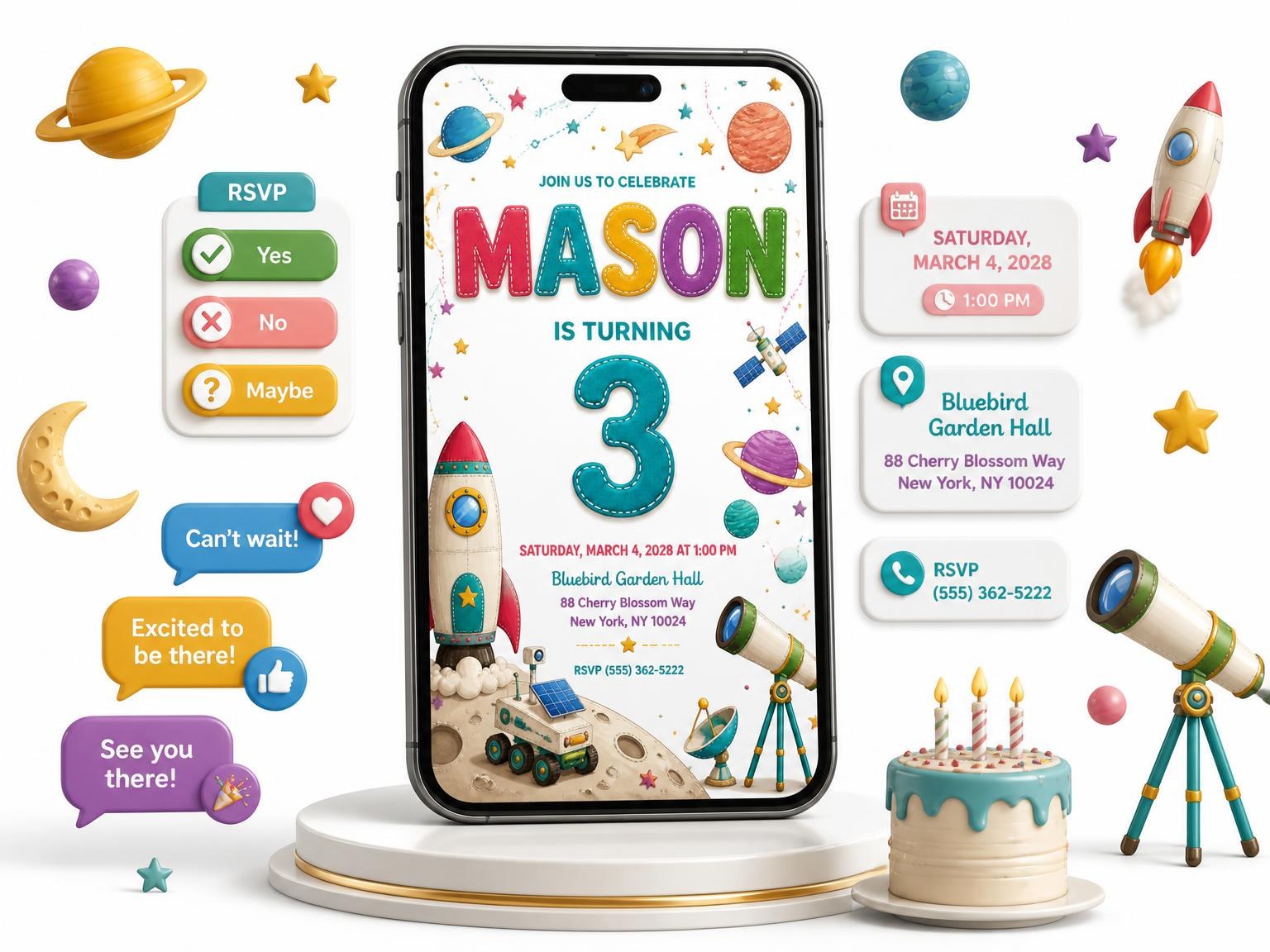The Stitched Space 3rd Birthday Invitation invitation on a phone, with guest RSVPs arriving around it