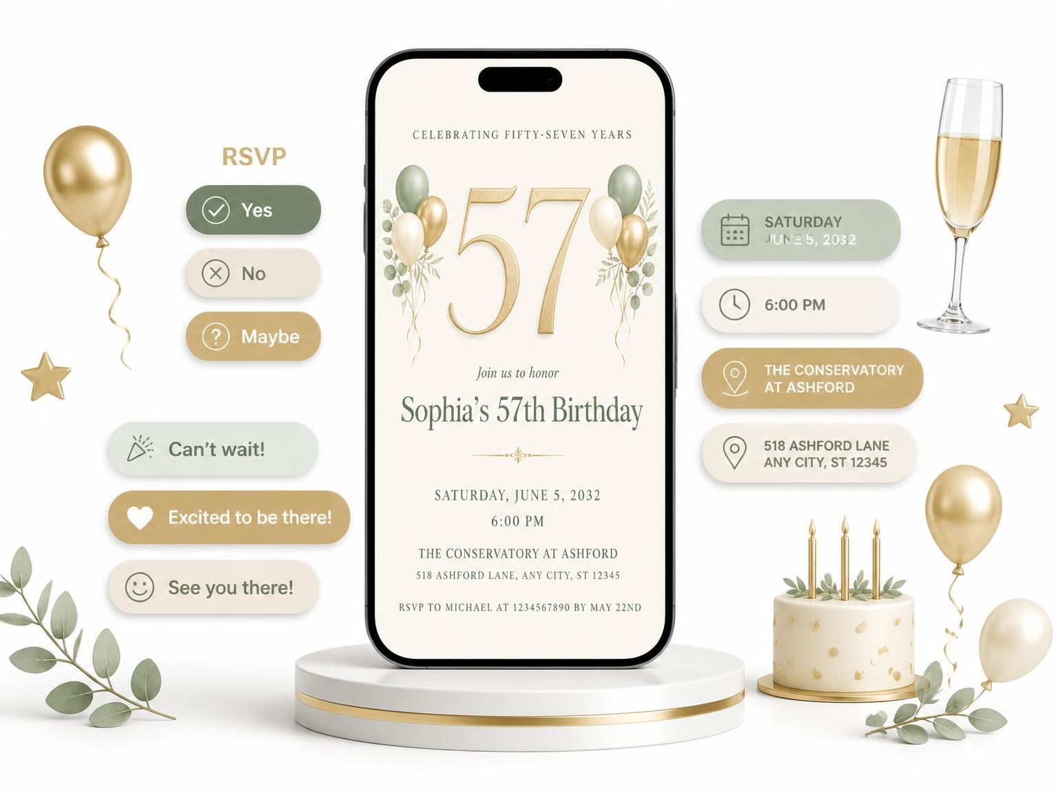 The Sage and Ivory 57th Birthday Invitation invitation on a phone, with guest RSVPs arriving around it