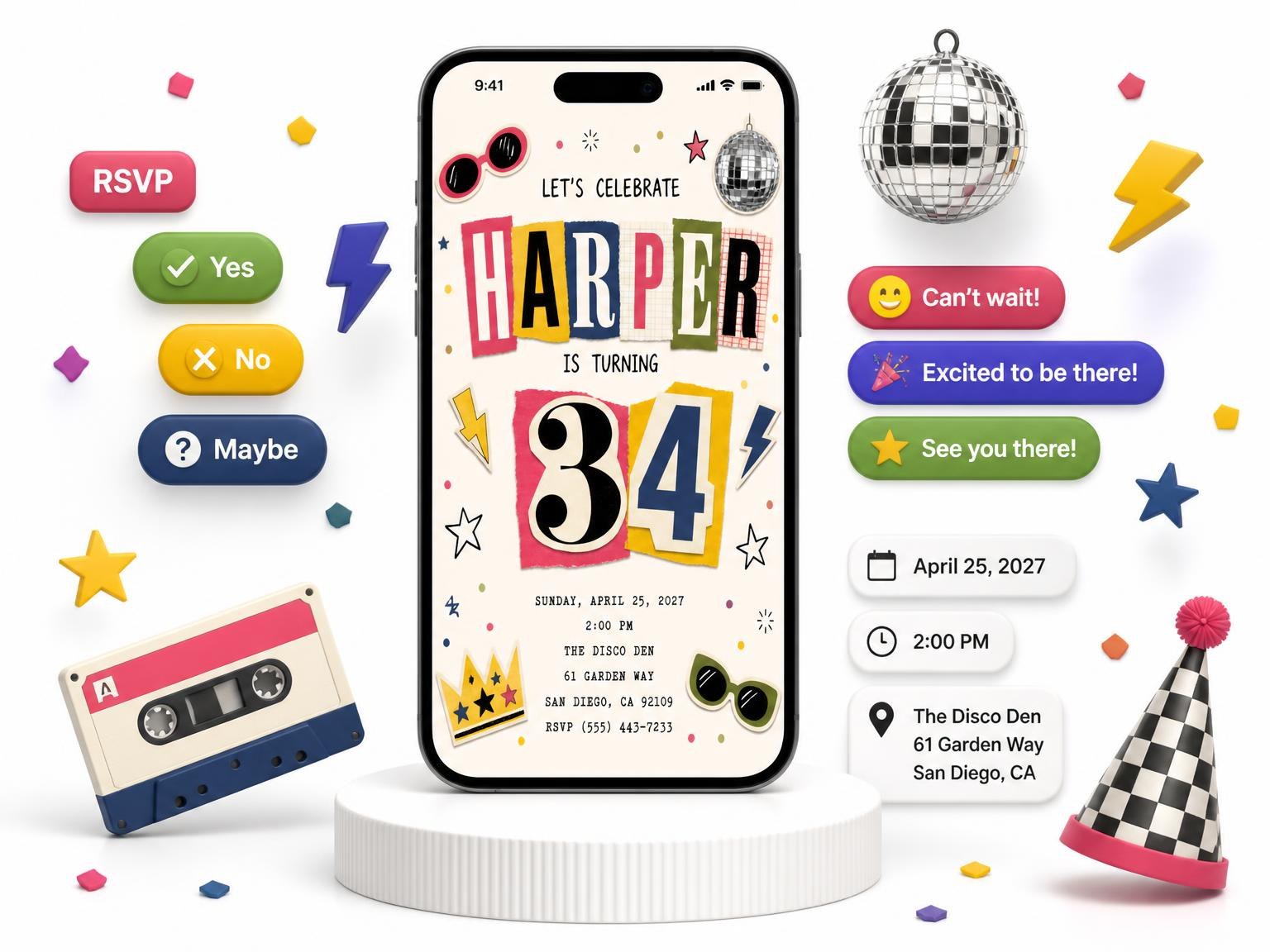 The Retro Paper Collage 34th Birthday Invitation invitation on a phone, with guest RSVPs arriving around it