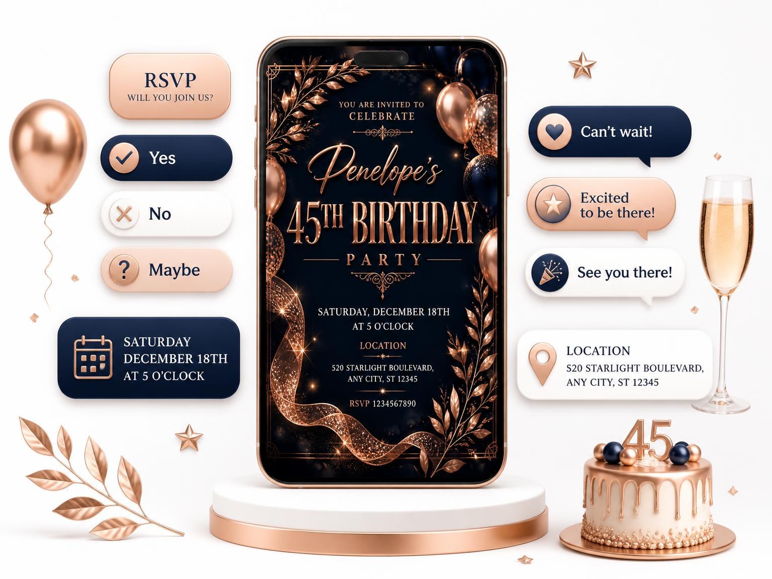 The Navy and Rose Gold 45th Birthday Invitation invitation on a phone, with guest RSVPs arriving around it