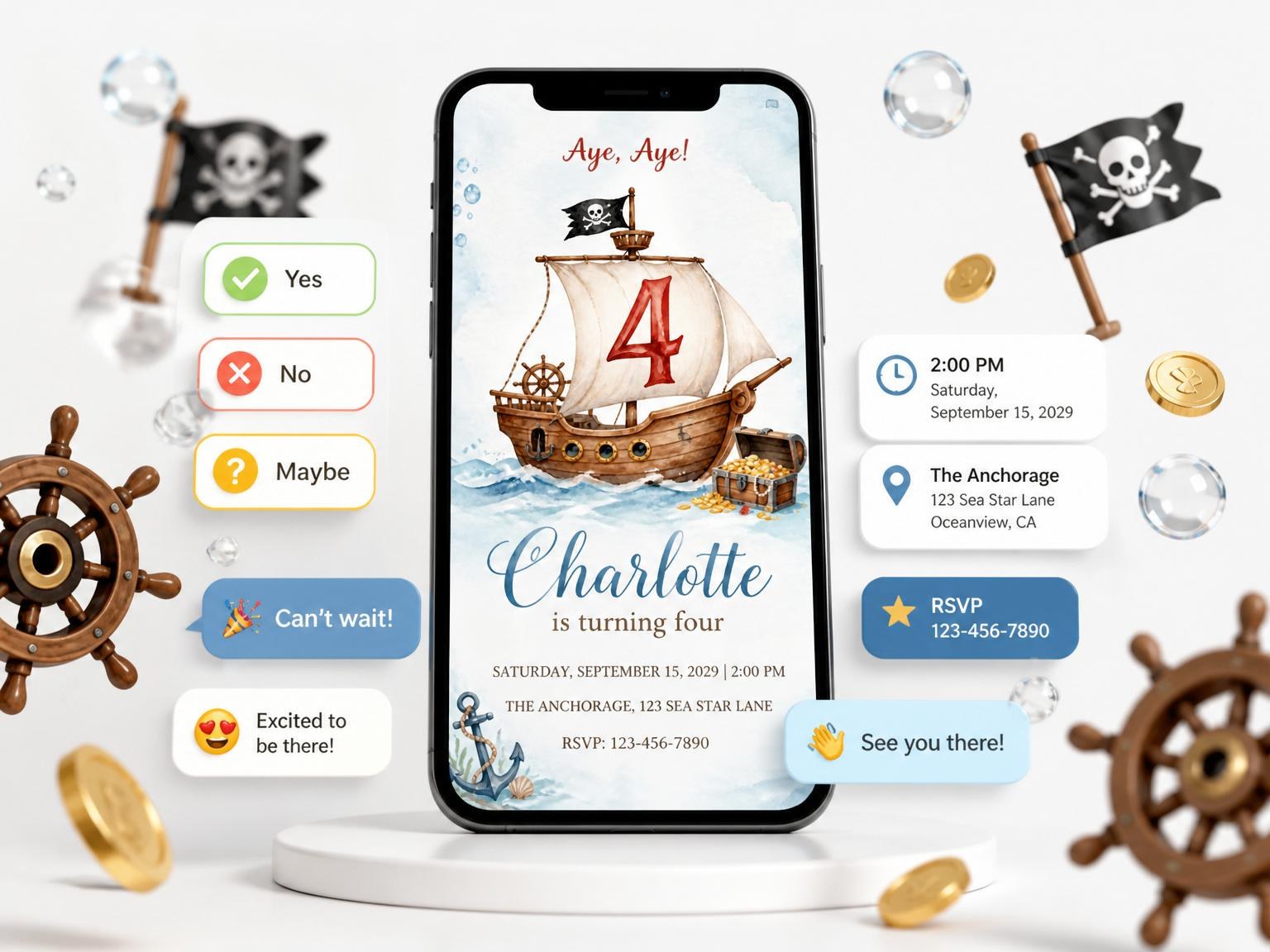 The Watercolor Pirate Ship 4th Birthday Invitation invitation on a phone, with guest RSVPs arriving around it
