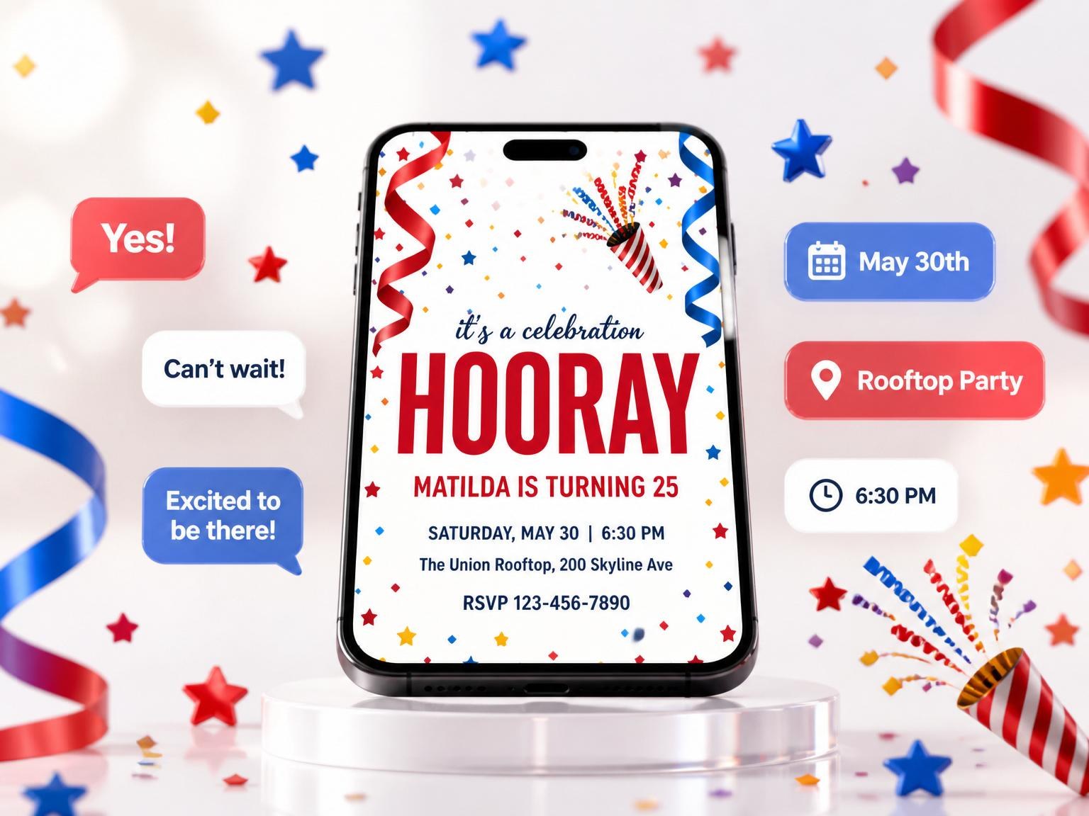 The Red Blue Confetti 25th Birthday Party invitation on a phone, with guest RSVPs arriving around it