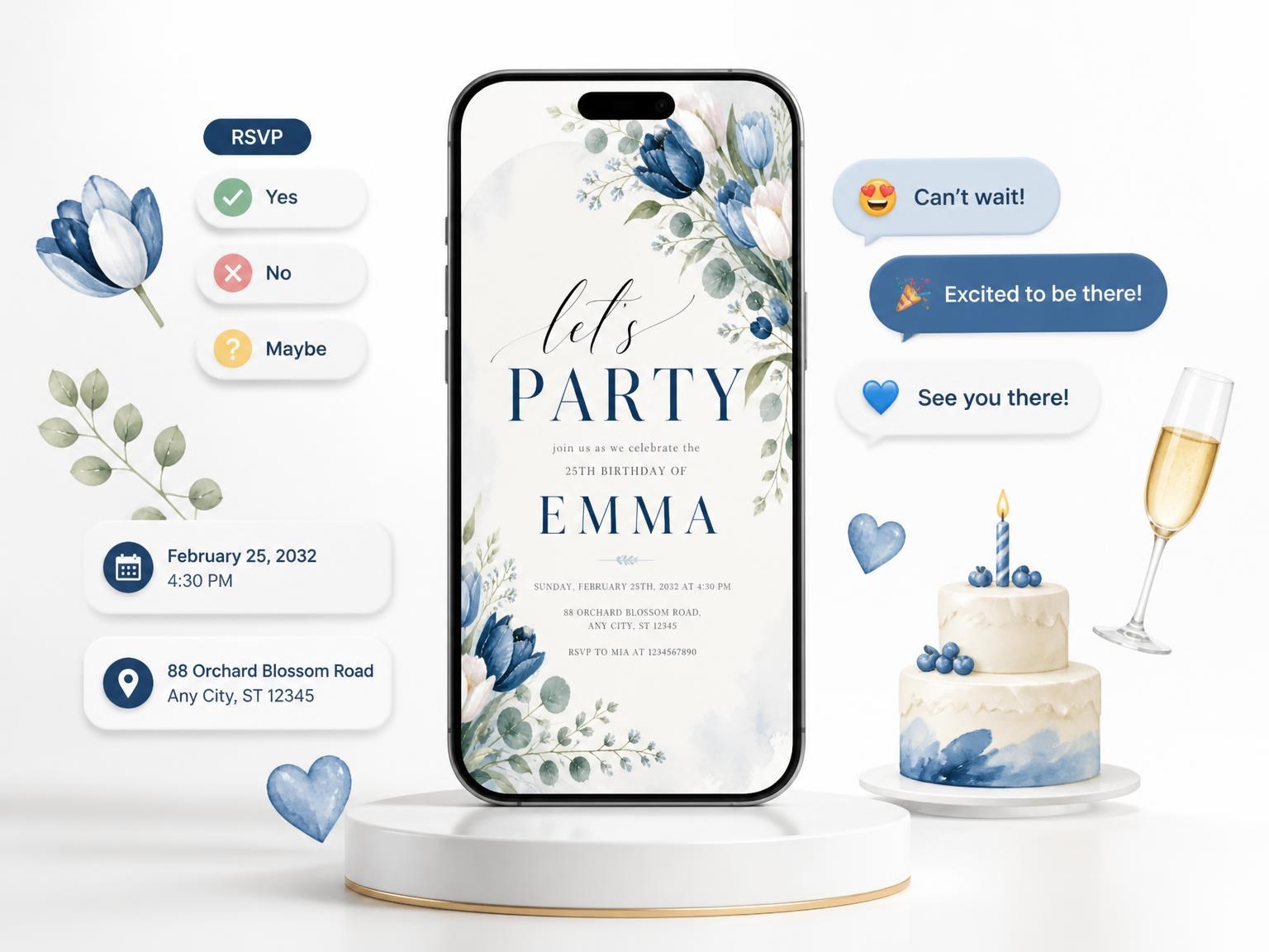 The Navy Tulip Arch 25th Birthday Invitation invitation on a phone, with guest RSVPs arriving around it