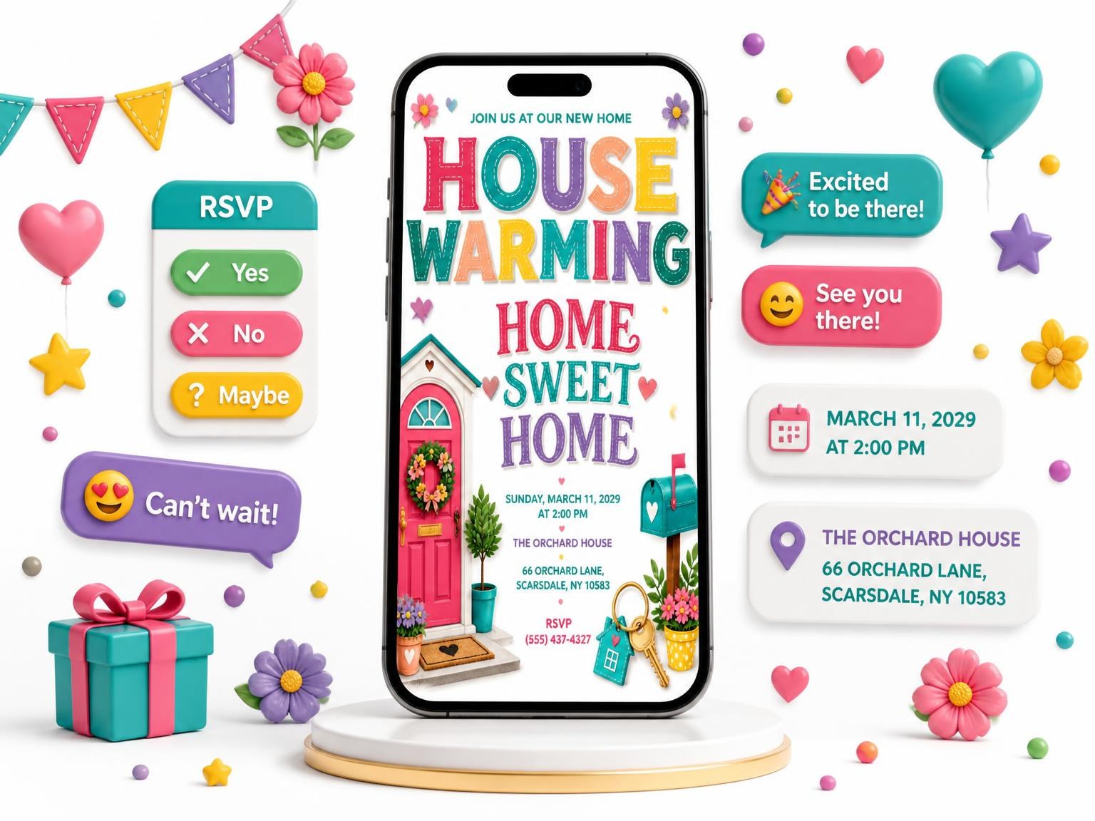 The Front Door Housewarming Invitation invitation on a phone, with guest RSVPs arriving around it