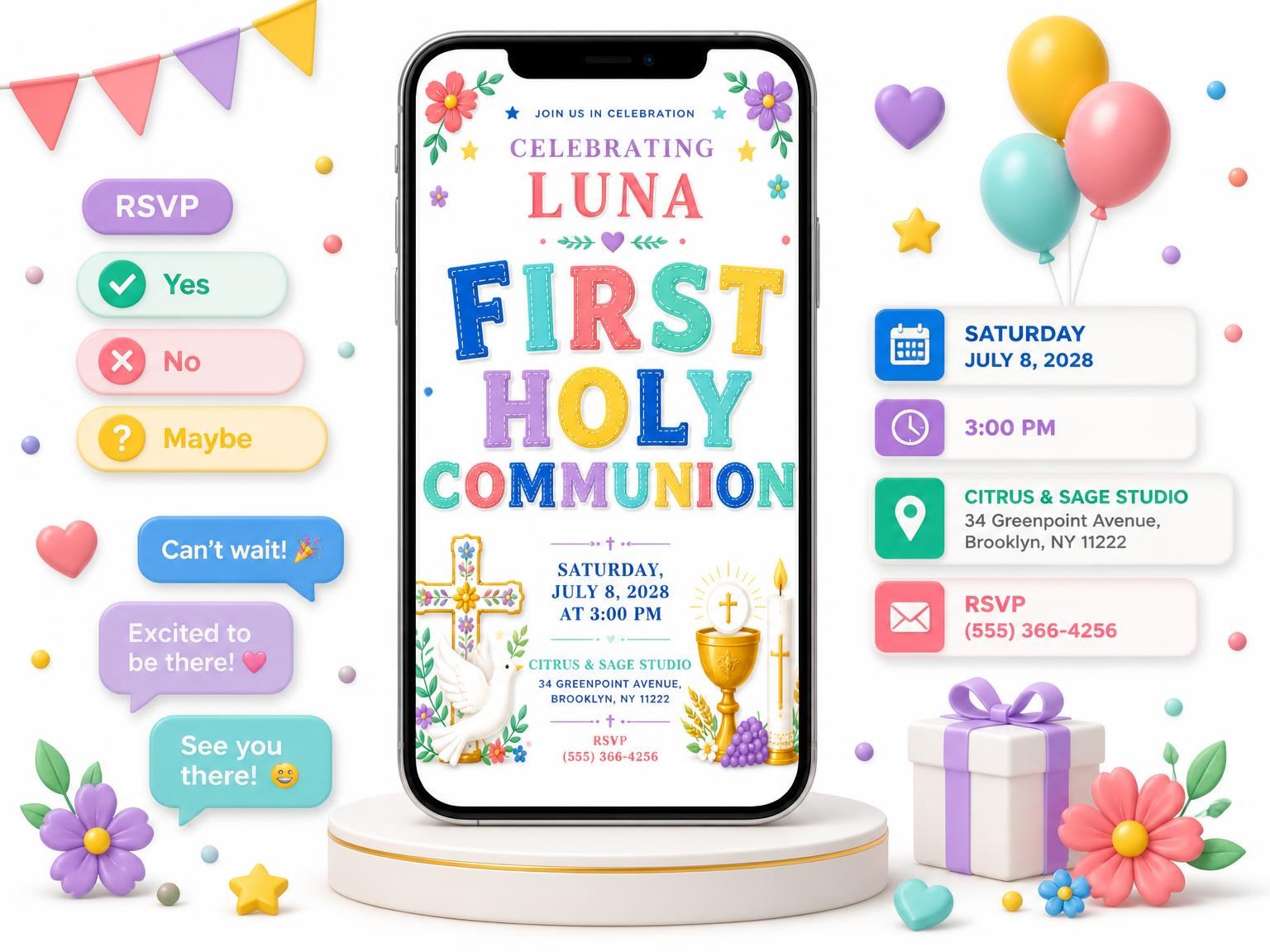 The White Dove First Holy Communion Invitation invitation on a phone, with guest RSVPs arriving around it