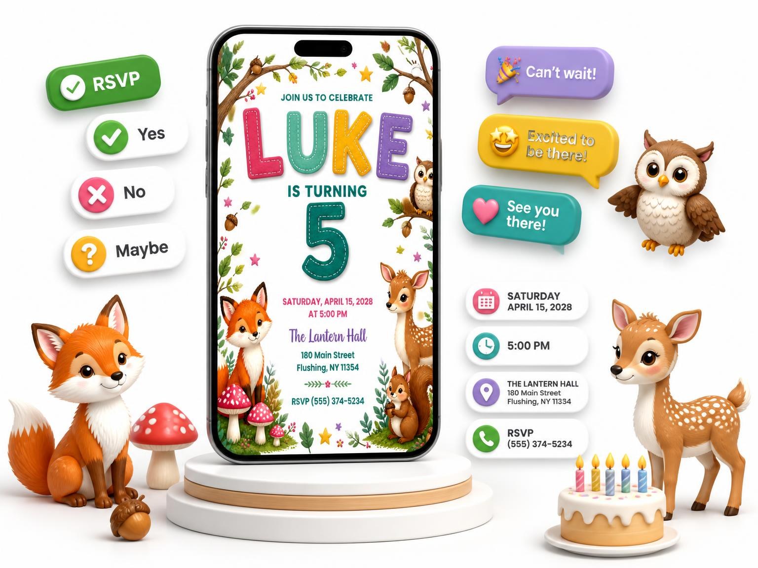 The Stitched Woodland 5th Birthday Invitation invitation on a phone, with guest RSVPs arriving around it