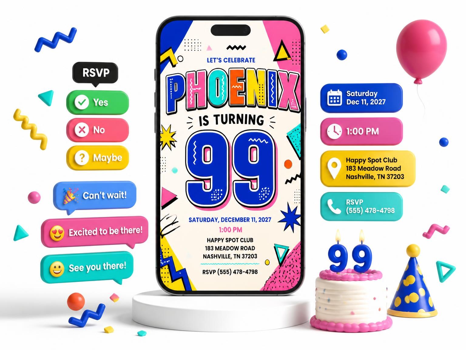 The Memphis Pop 99th Birthday Invitation invitation on a phone, with guest RSVPs arriving around it
