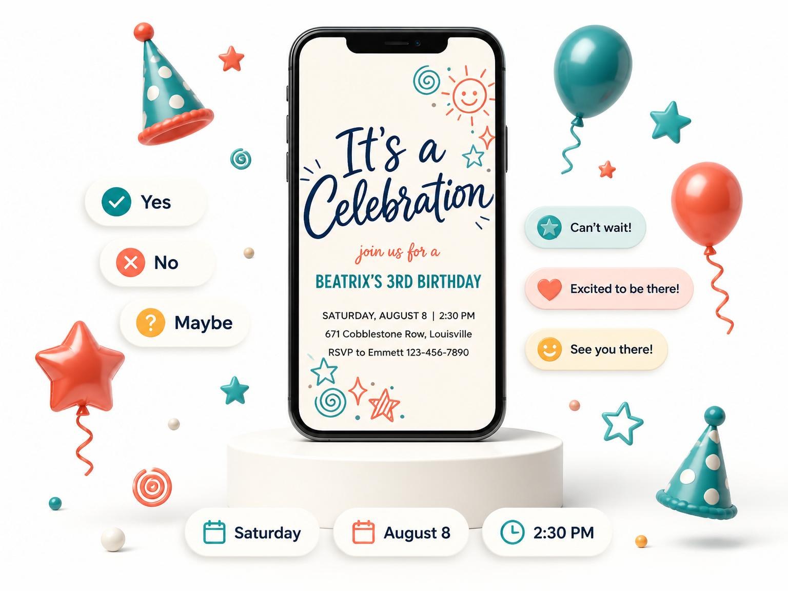 The Navy and Coral Doodle 3rd Birthday invitation on a phone, with guest RSVPs arriving around it