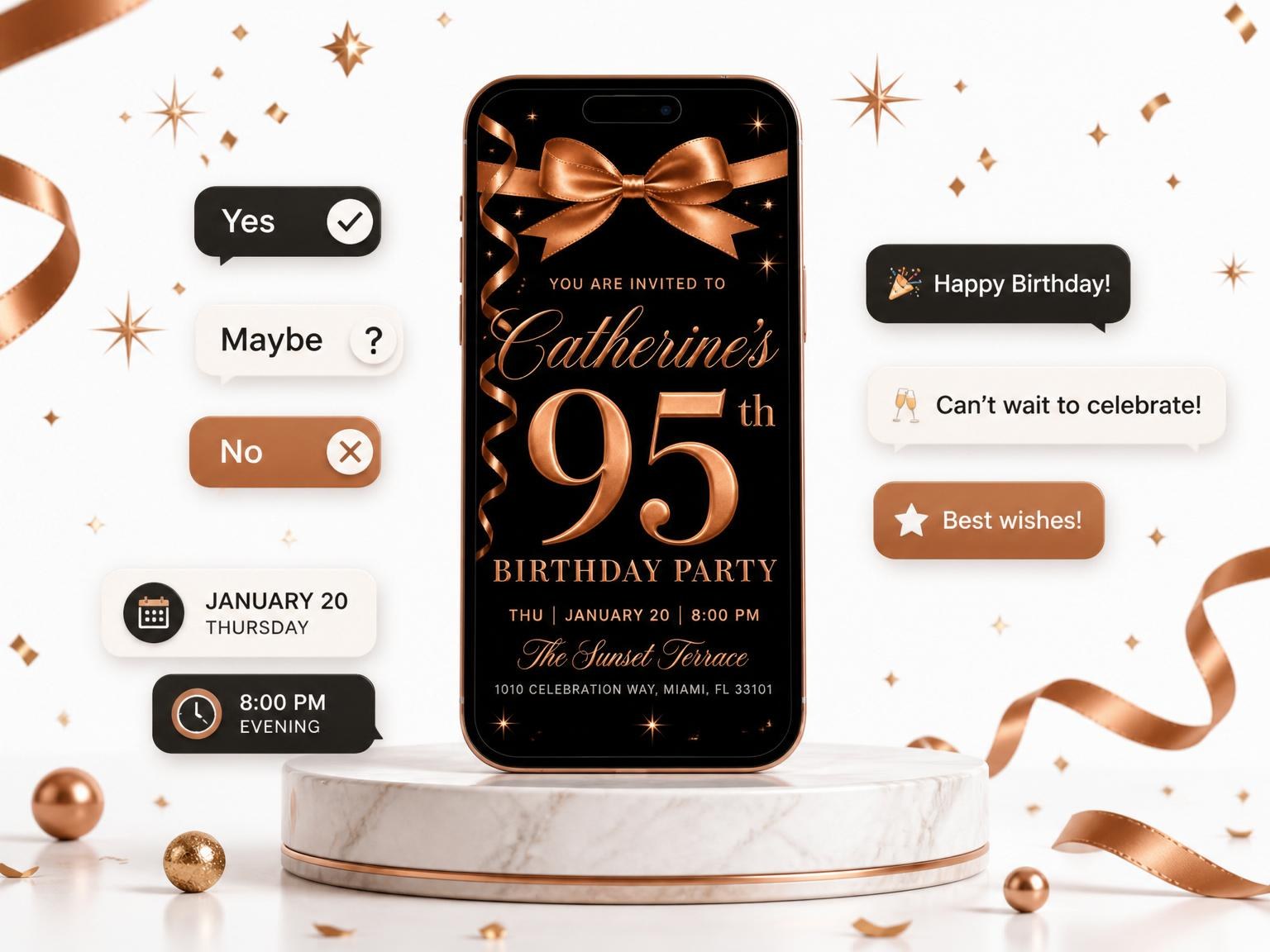 The Rose Gold Ribbon 95th Birthday invitation on a phone, with guest RSVPs arriving around it