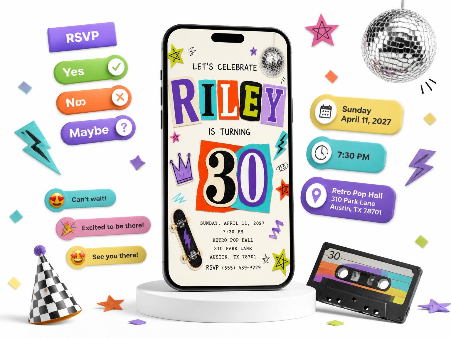 The Retro Paper Collage 30th Birthday Invitation invitation on a phone, with guest RSVPs arriving around it