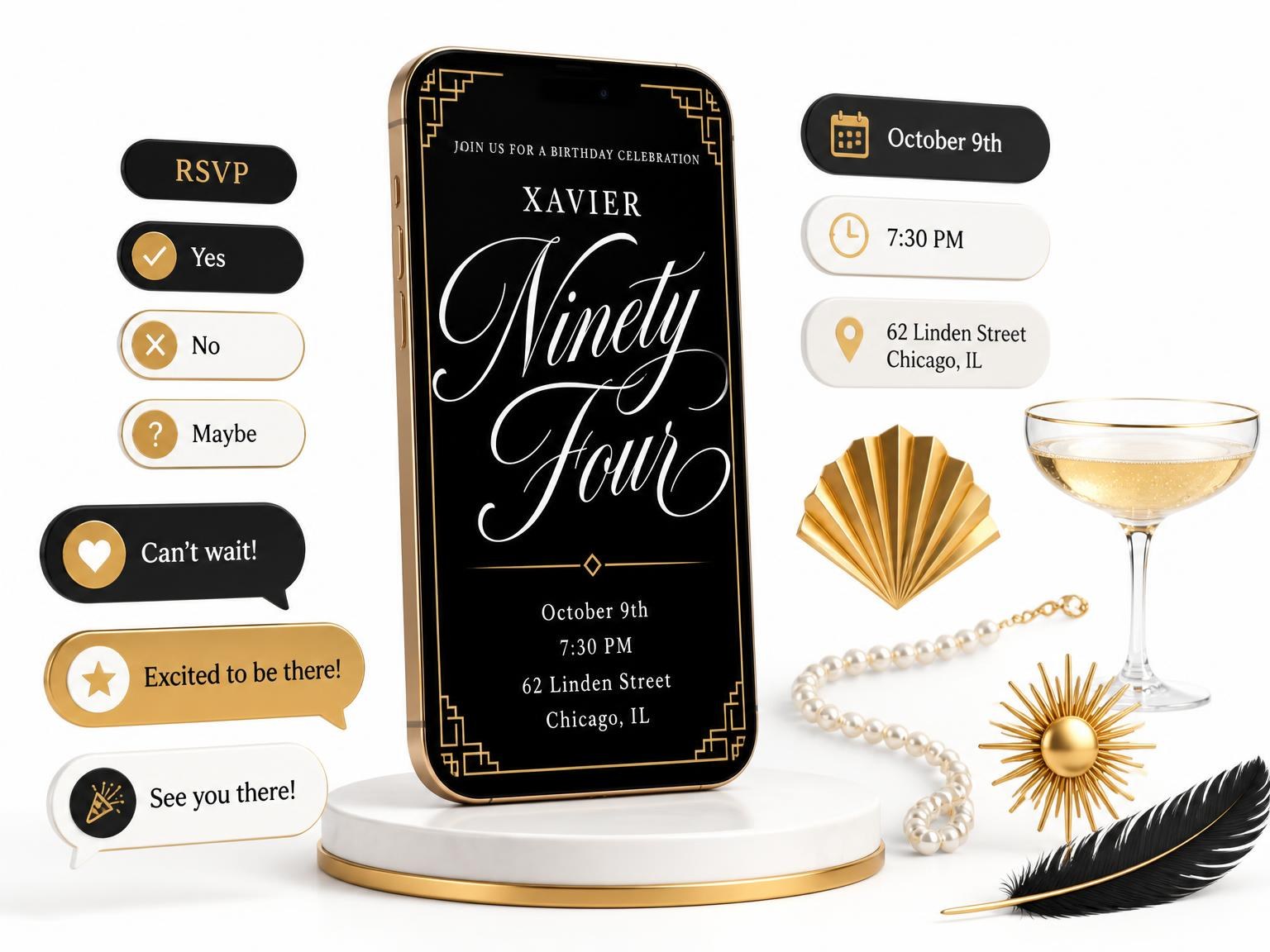 The Art Deco 94th Birthday Invitation invitation on a phone, with guest RSVPs arriving around it