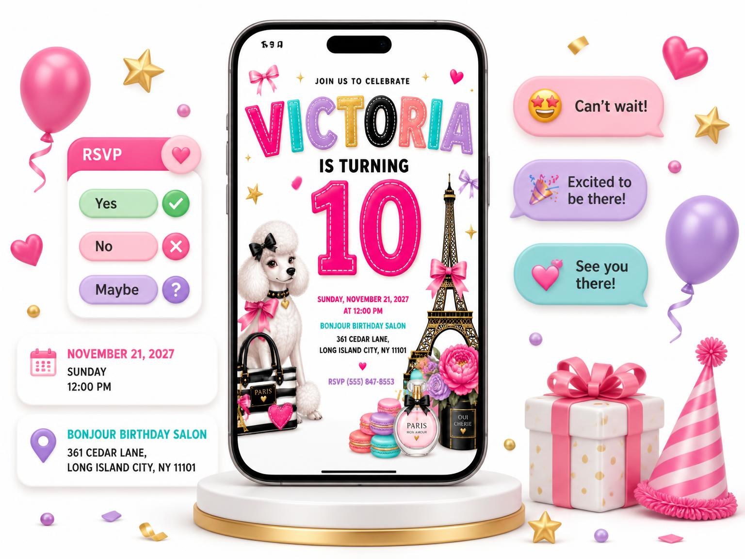 The Eiffel Tower Stitched 10th Birthday Invitation invitation on a phone, with guest RSVPs arriving around it