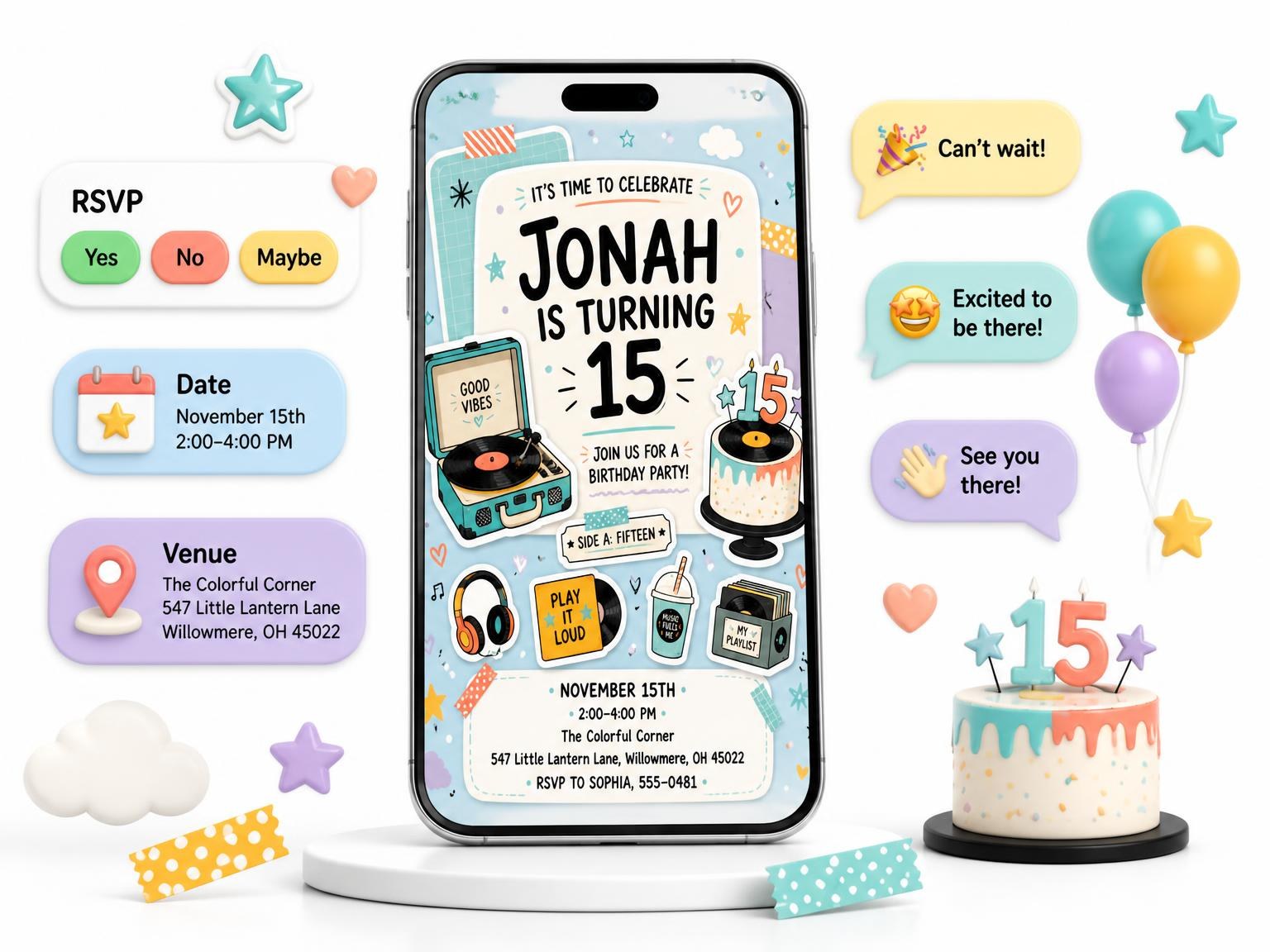 The Record Player Pastel 15th Birthday Invitation invitation on a phone, with guest RSVPs arriving around it