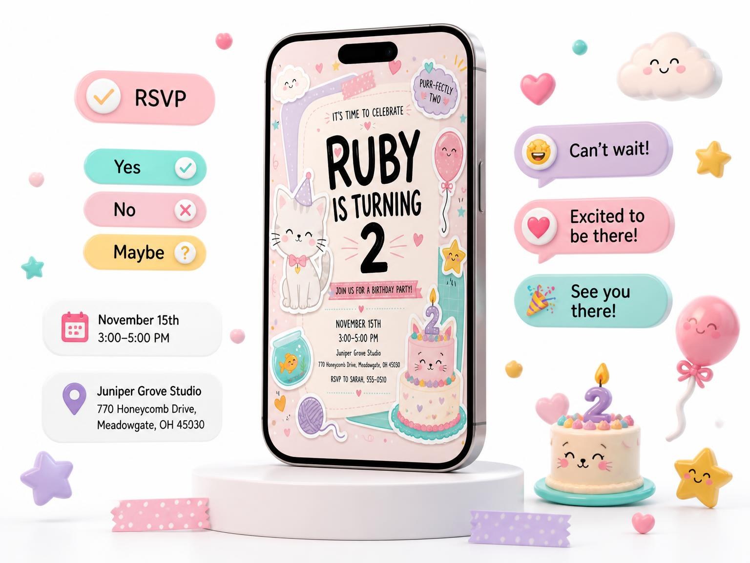 The White Kitten Pastel 2nd Birthday Invitation invitation on a phone, with guest RSVPs arriving around it